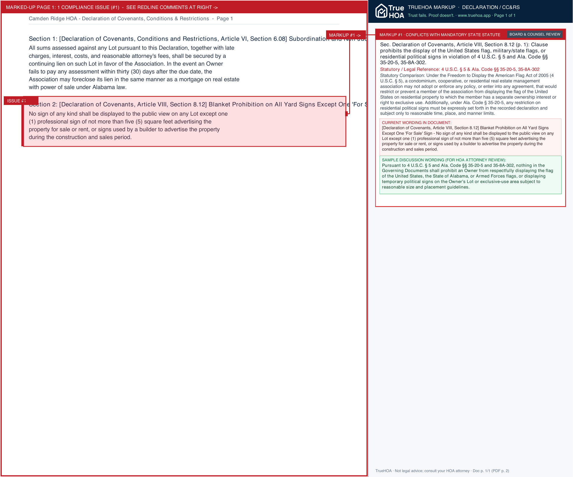 Camden Ridge HOA Declaration of Covenants, Conditions & Restrictions page 1 widened with TrueHOA Crystal AI margin annotations