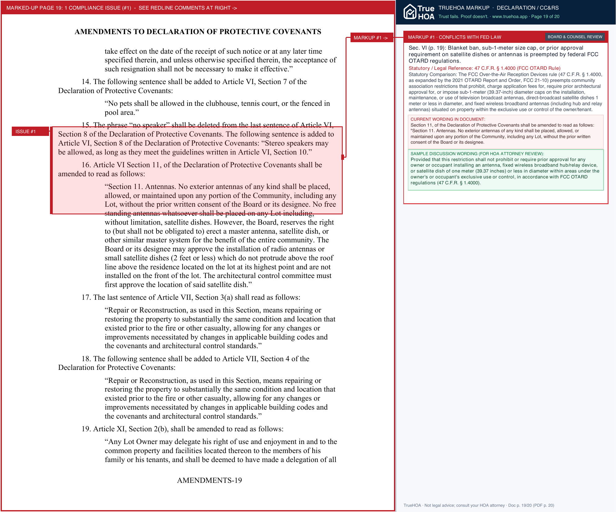 Liberty Square HOA Amendments to the Protective Covenants page 19 widened with TrueHOA Crystal AI margin annotations