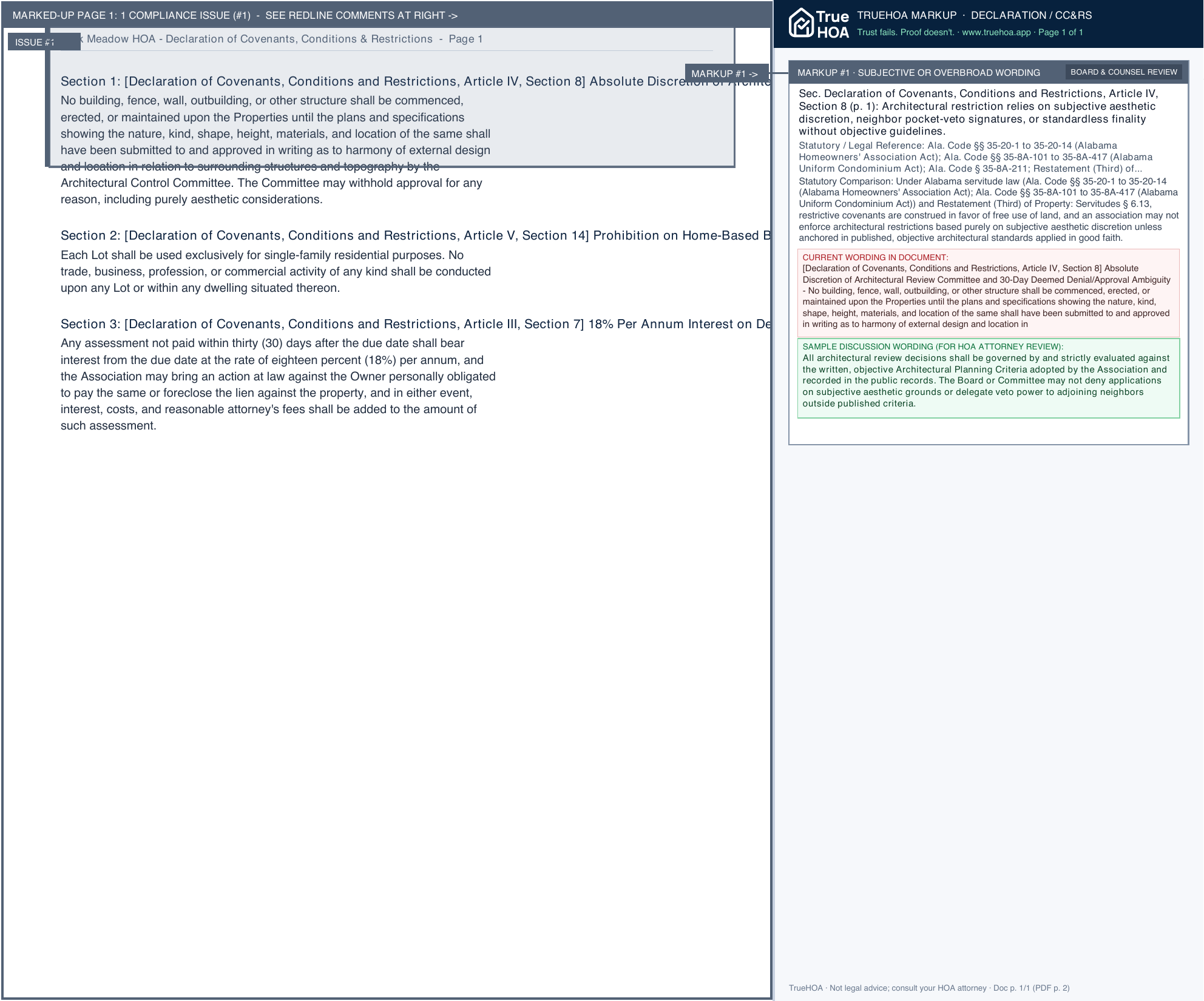 Park Meadow HOA Declaration of Covenants, Conditions & Restrictions page 1 widened with TrueHOA Crystal AI margin annotations