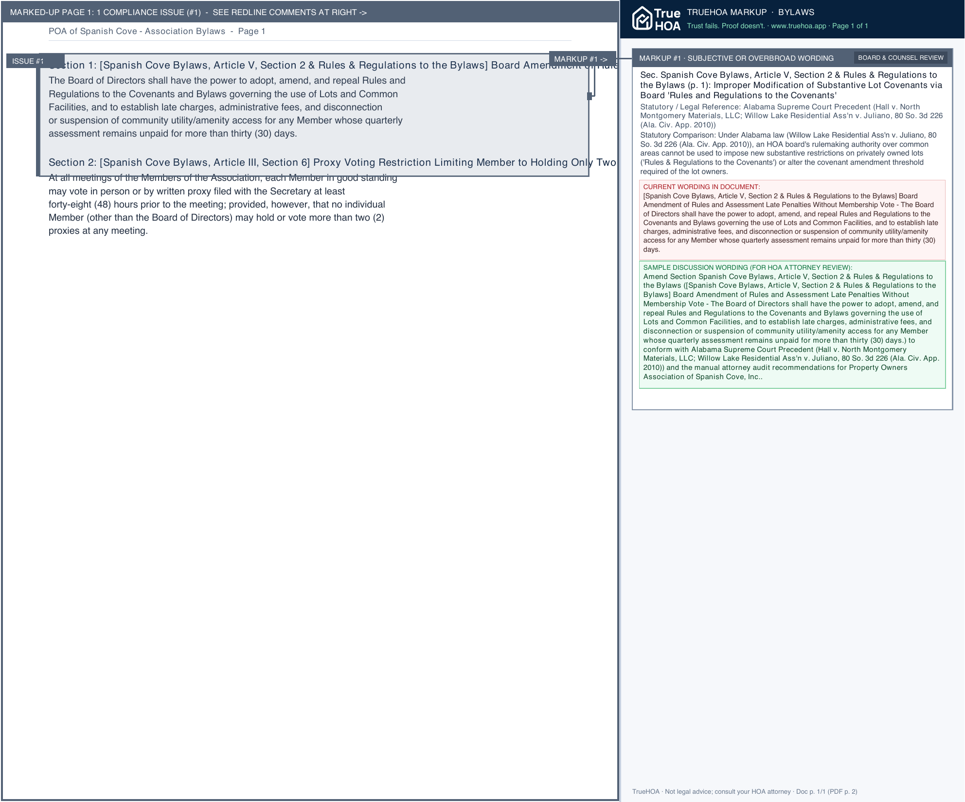 POA of Spanish Cove Association Bylaws page 1 widened with TrueHOA Crystal AI margin annotations