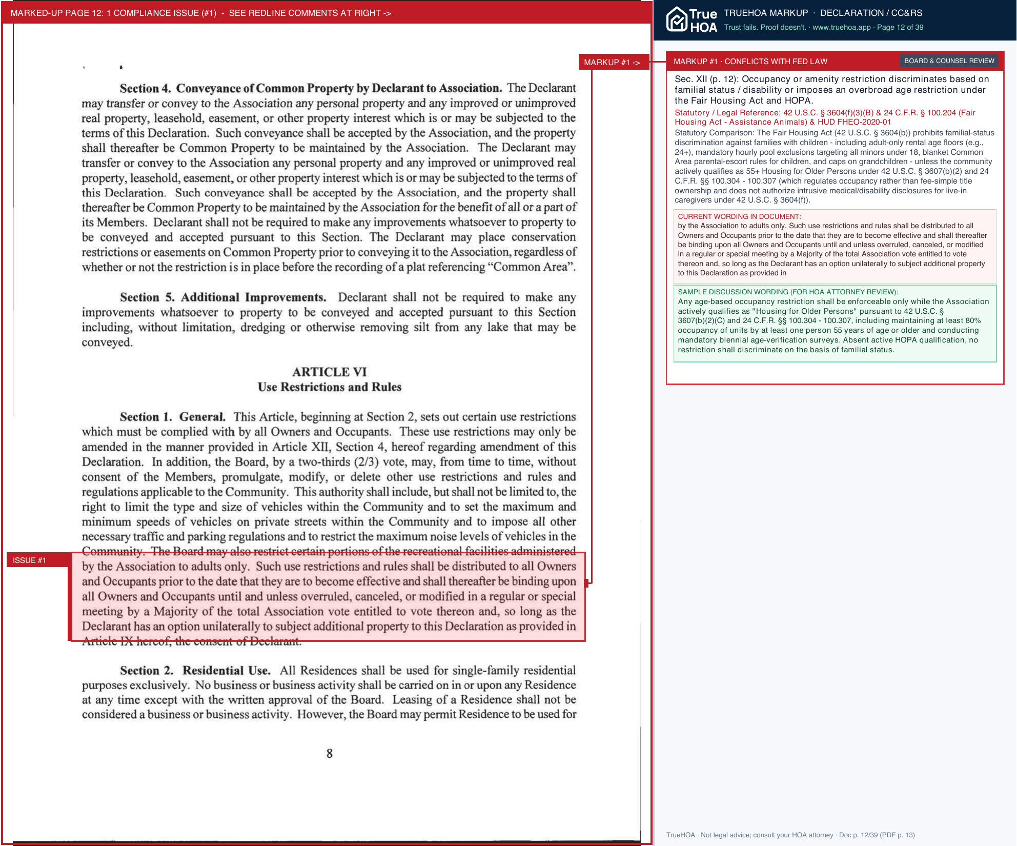 Walden Preserve HOA Declaration of Covenants page 12 widened with TrueHOA Crystal AI margin annotations