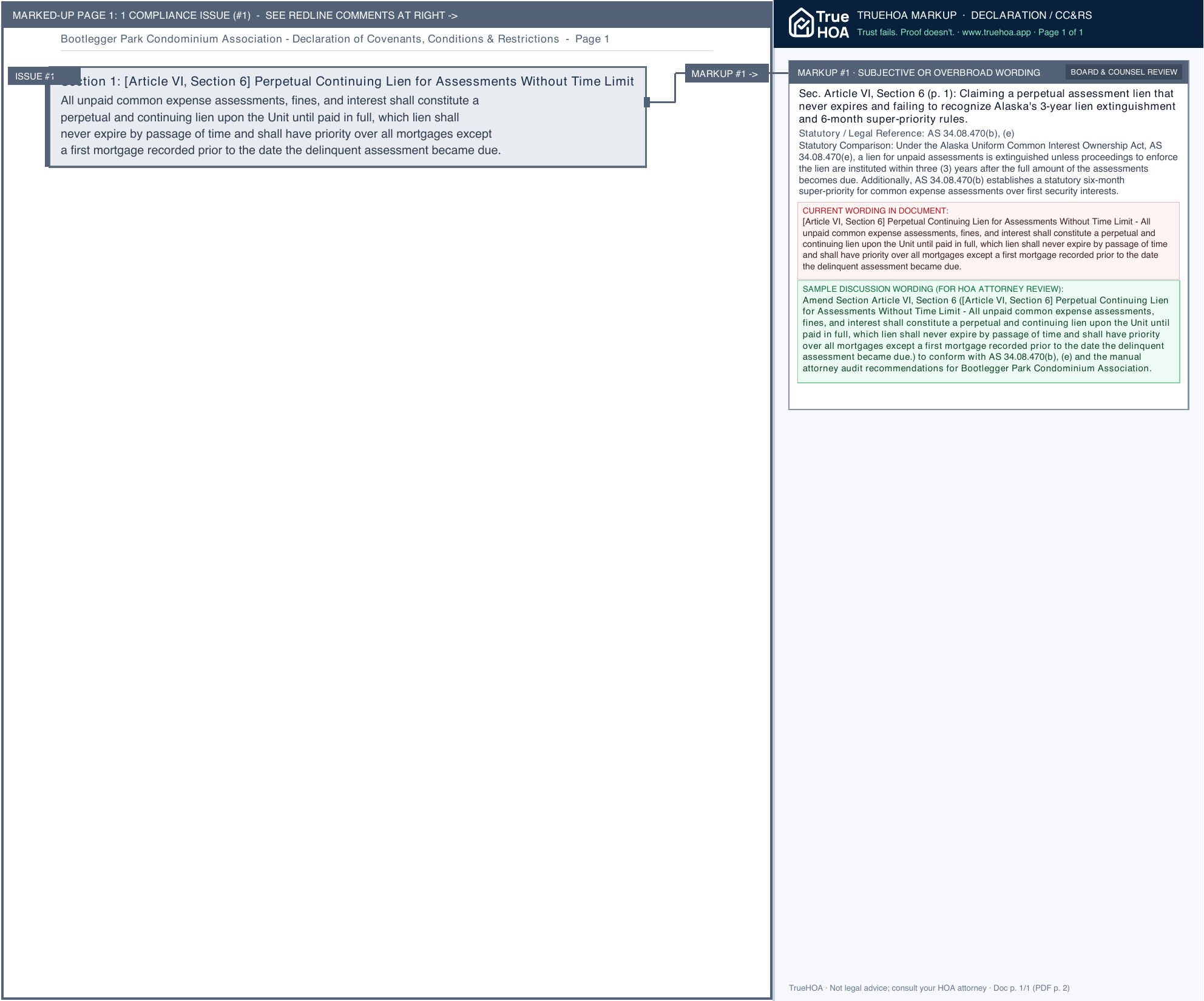Bootlegger Park Condominium Association Declaration of Covenants, Conditions & Restrictions page 1 widened with TrueHOA Crystal AI margin annotations
