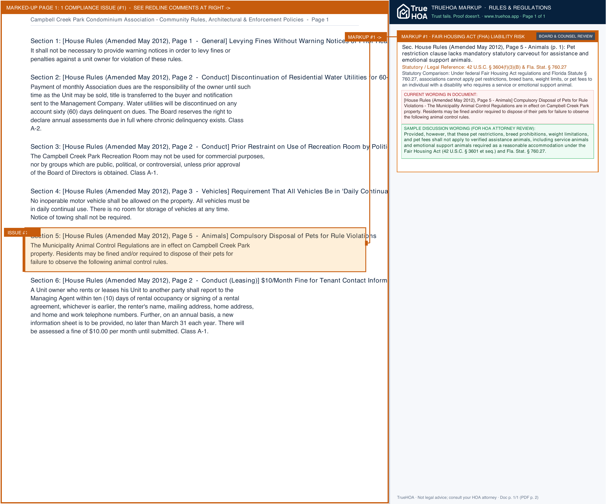 Campbell Creek Park Condominium Association Community Rules, Architectural & Enforcement Policies page 1 widened with TrueHOA Crystal AI margin annotations