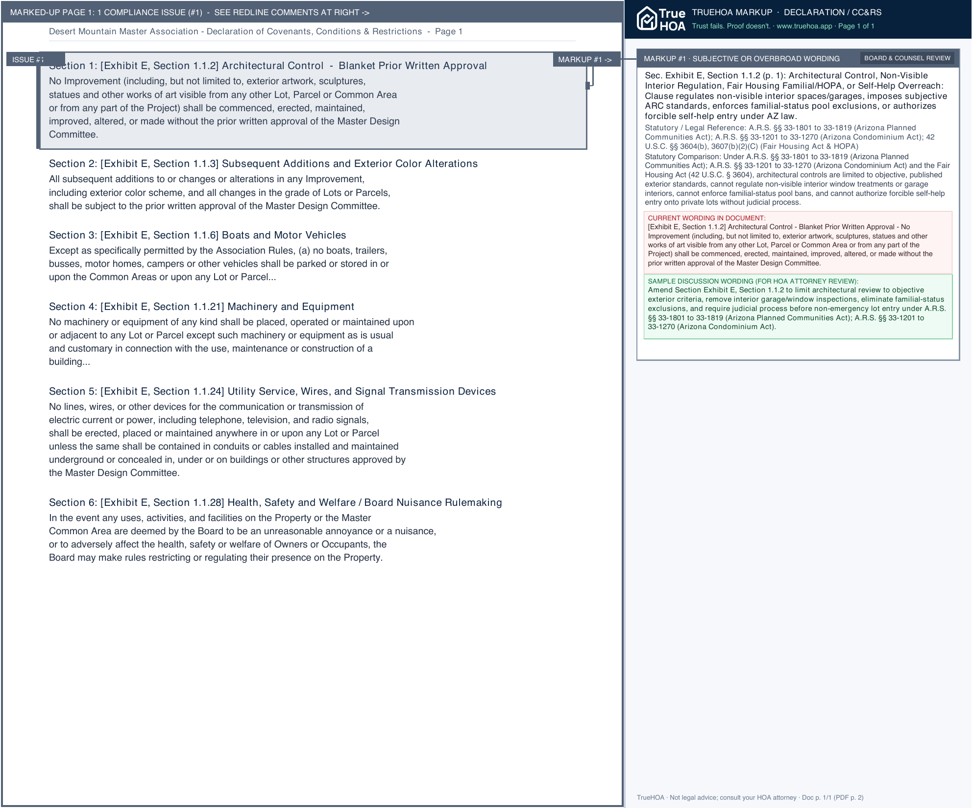 Desert Mountain Master Association Declaration of Covenants, Conditions & Restrictions page 1 widened with TrueHOA Crystal AI margin annotations