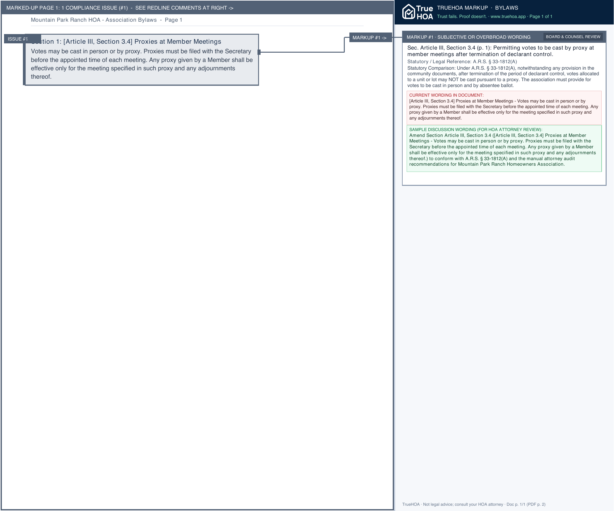 Mountain Park Ranch HOA Association Bylaws page 1 widened with TrueHOA Crystal AI margin annotations
