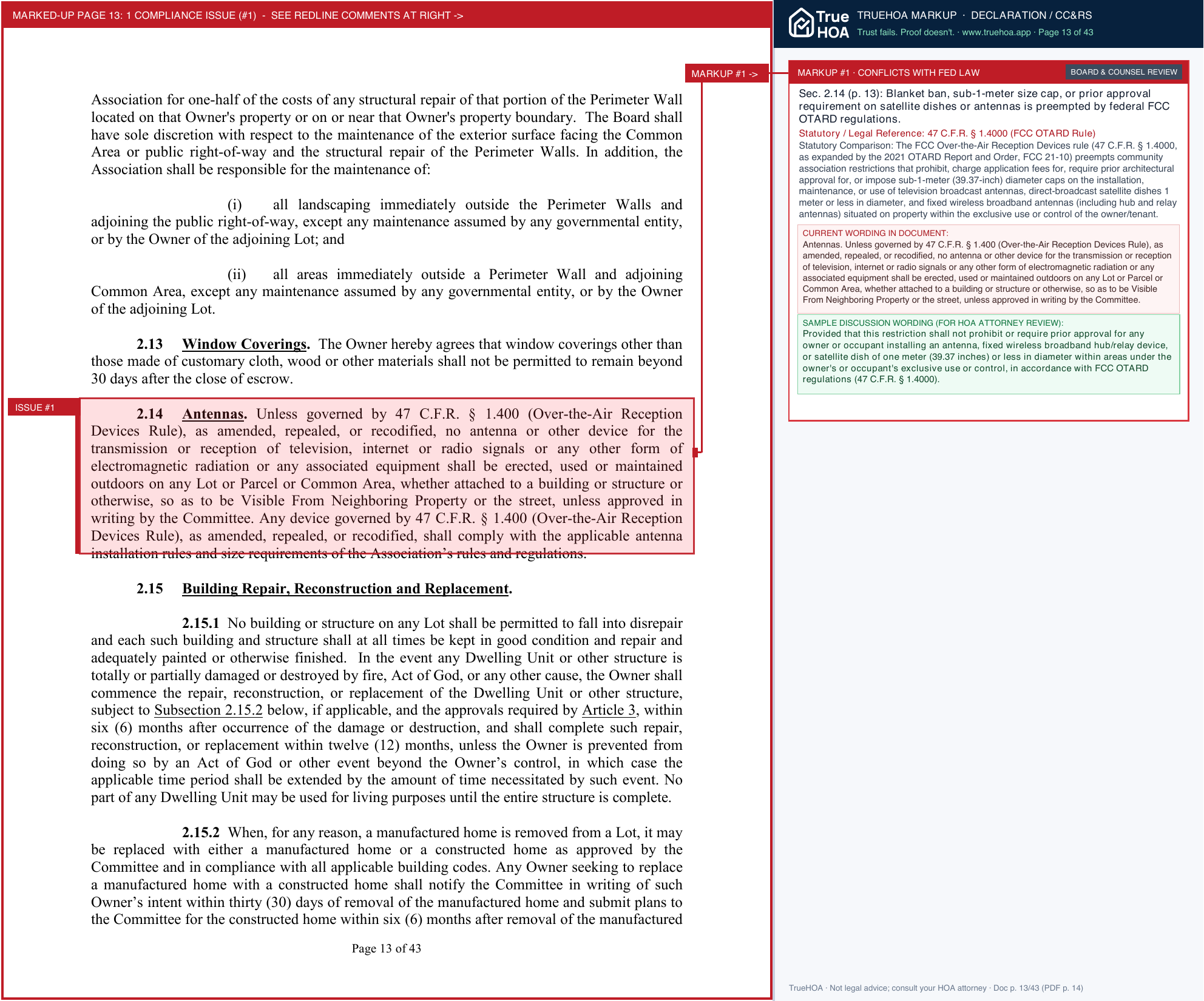Sun Lakes Country Club HOA #1 Declaration of Covenants, Conditions & Restrictions page 13 widened with TrueHOA Crystal AI margin annotations
