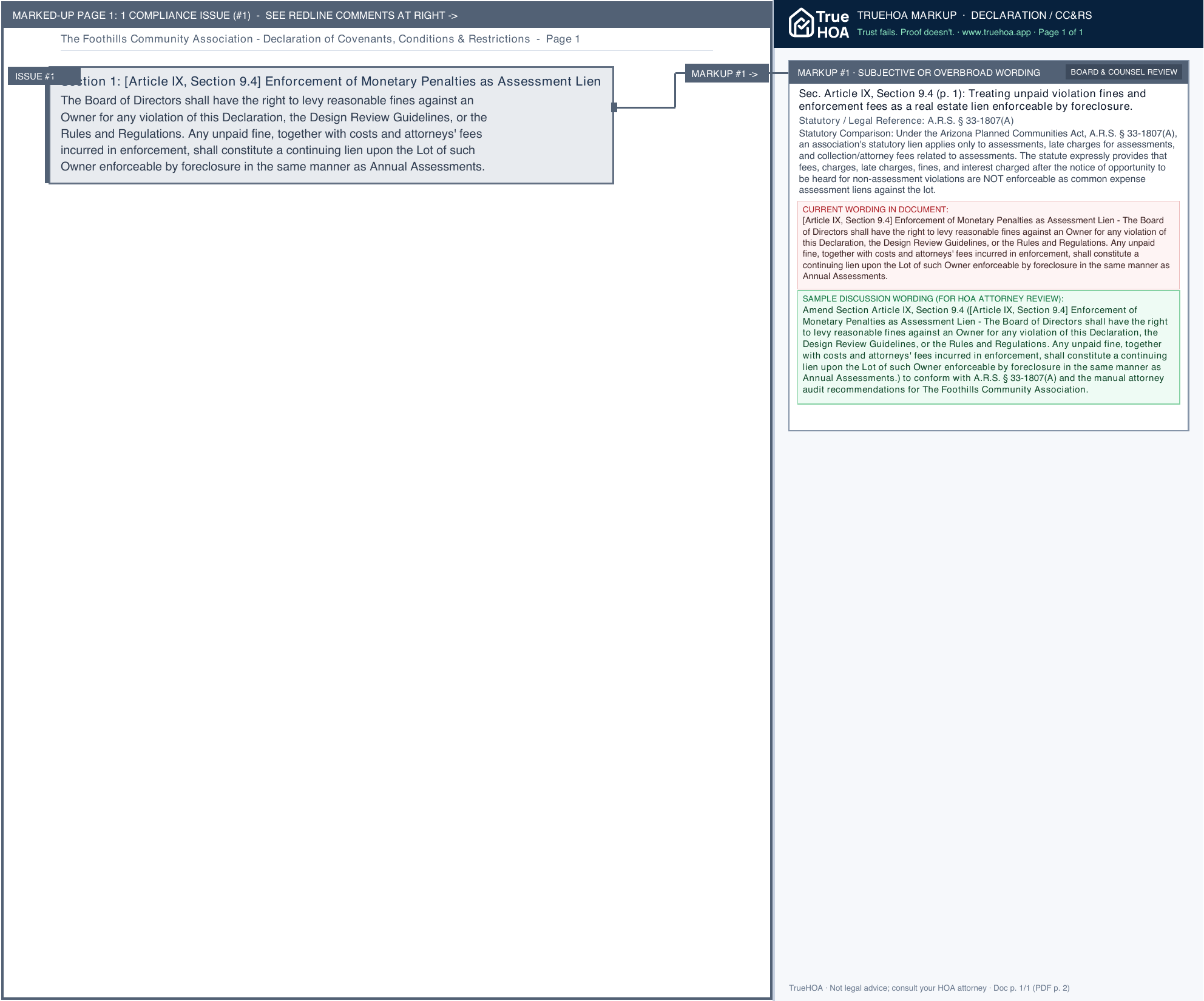 The Foothills Community Association Declaration of Covenants, Conditions & Restrictions page 1 widened with TrueHOA Crystal AI margin annotations
