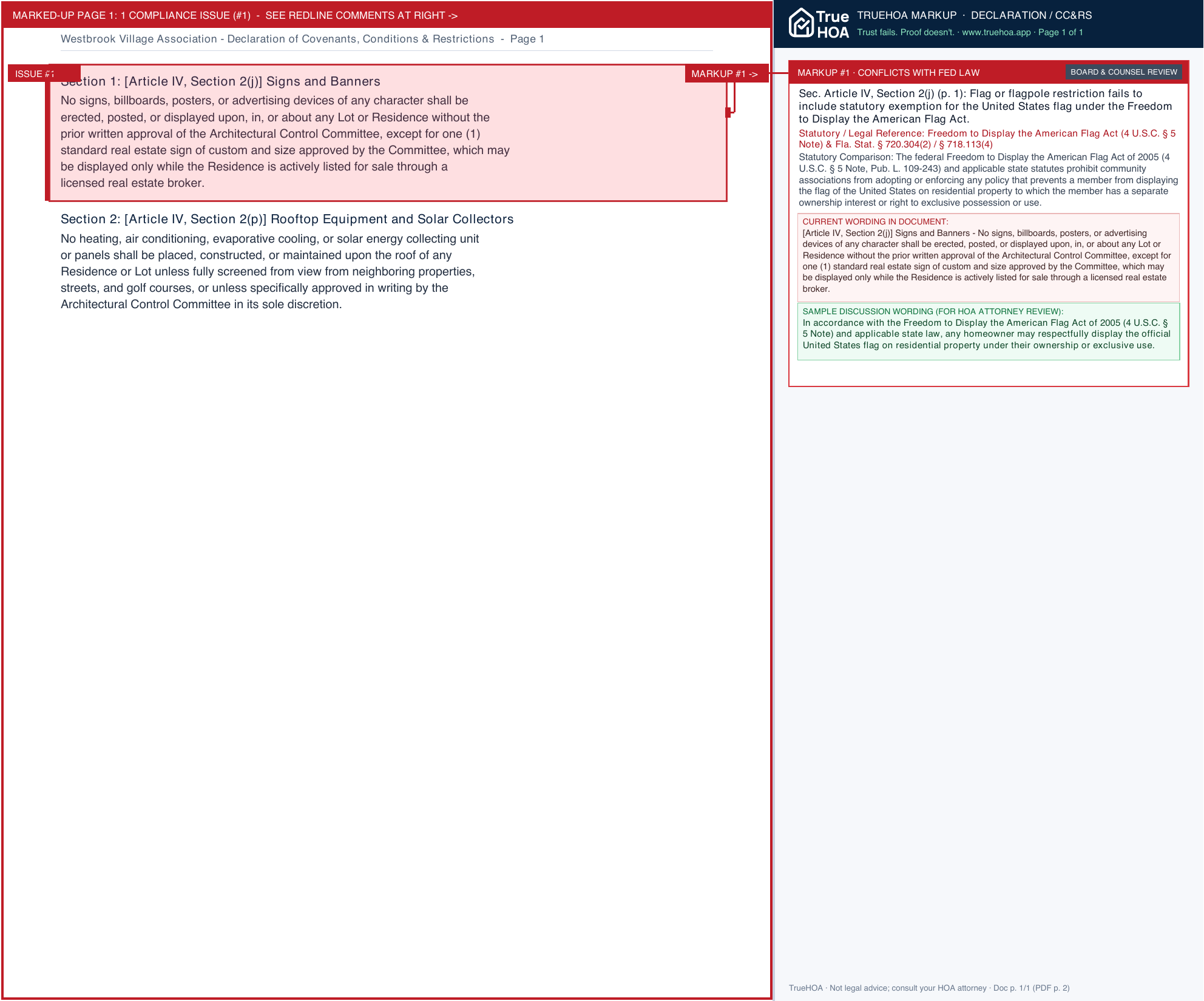 Westbrook Village Association Declaration of Covenants, Conditions & Restrictions page 1 widened with TrueHOA Crystal AI margin annotations