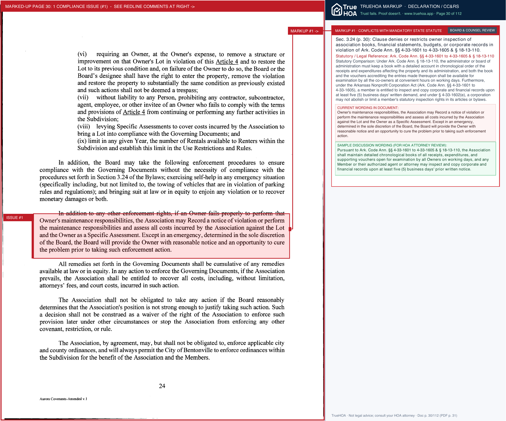 Aurora POA Amended Aurora Covenants Recorded 4 29 2025 page 30 widened with TrueHOA Crystal AI margin annotations