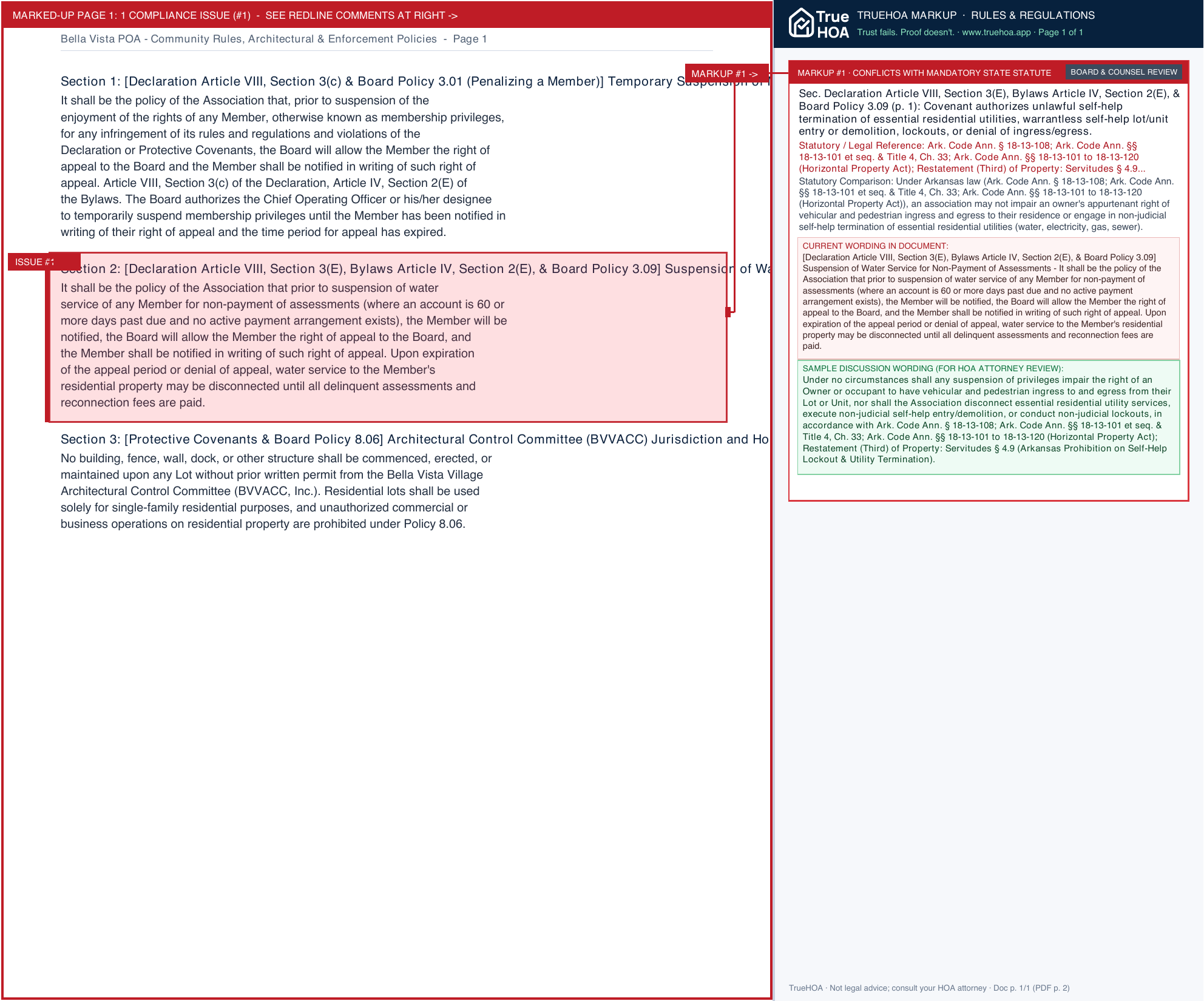 Bella Vista POA Community Rules, Architectural & Enforcement Policies page 1 widened with TrueHOA Crystal AI margin annotations