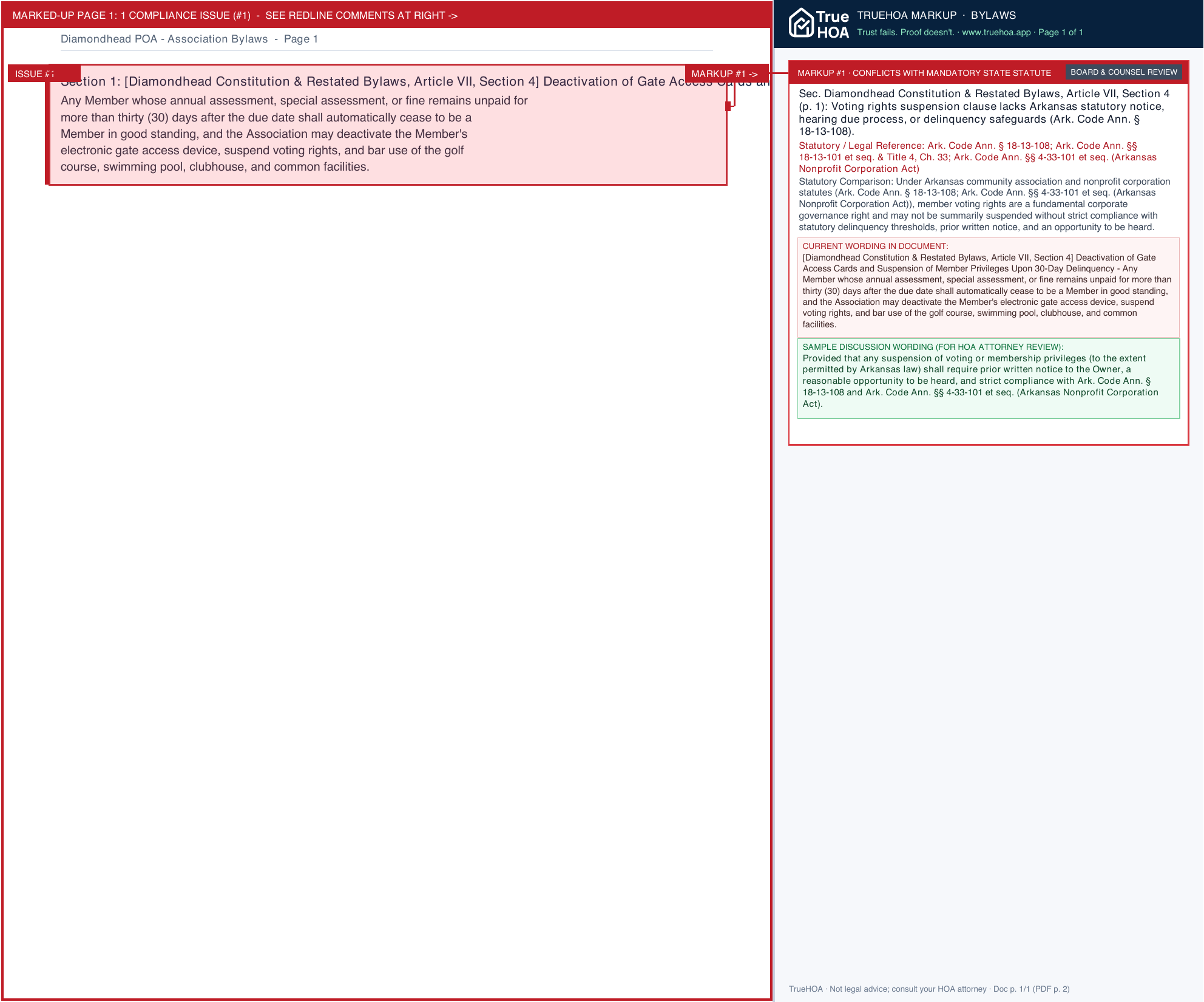 Diamondhead POA Association Bylaws page 1 widened with TrueHOA Crystal AI margin annotations
