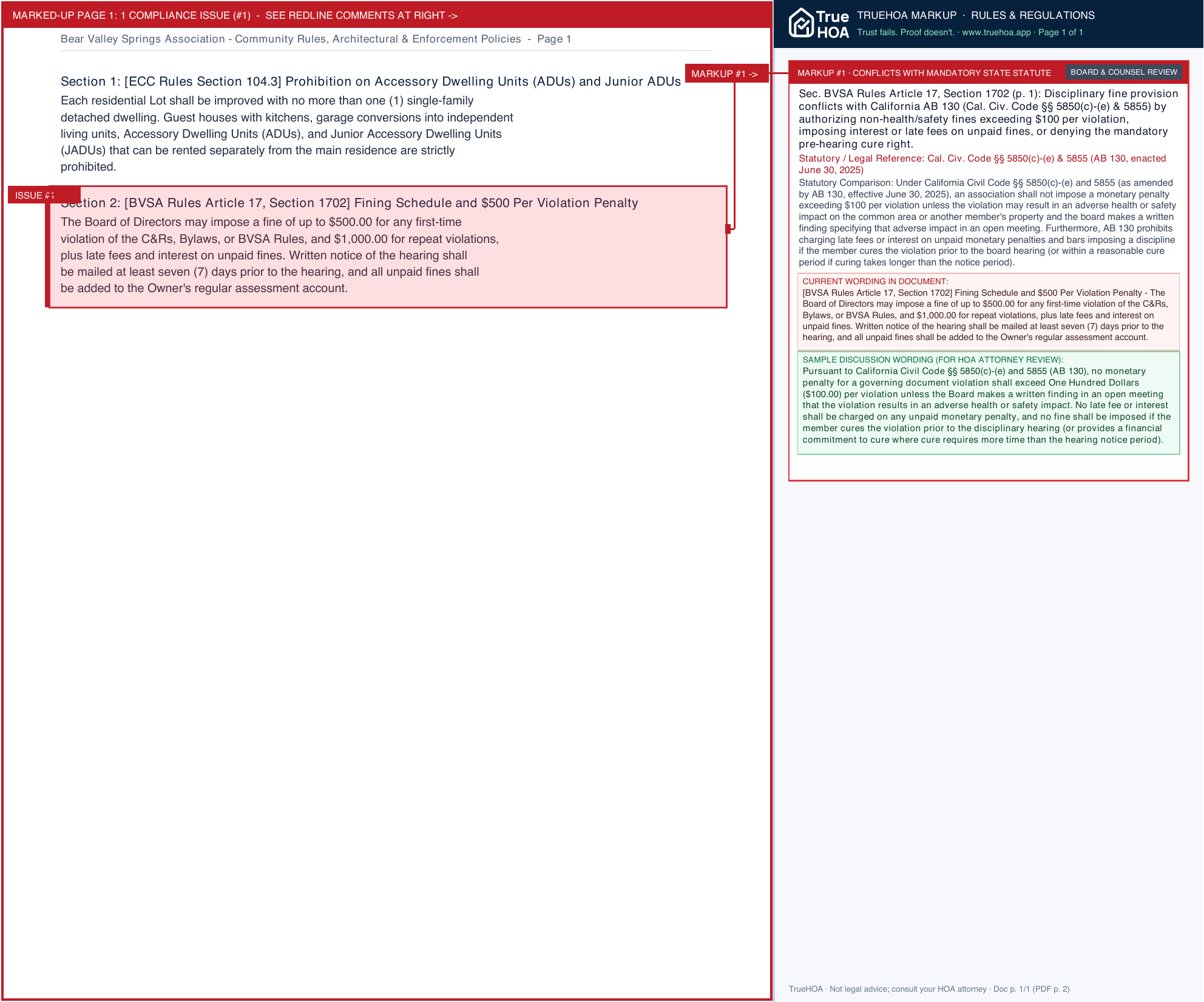 Bear Valley Springs Association Community Rules, Architectural & Enforcement Policies page 1 widened with TrueHOA Crystal AI margin annotations