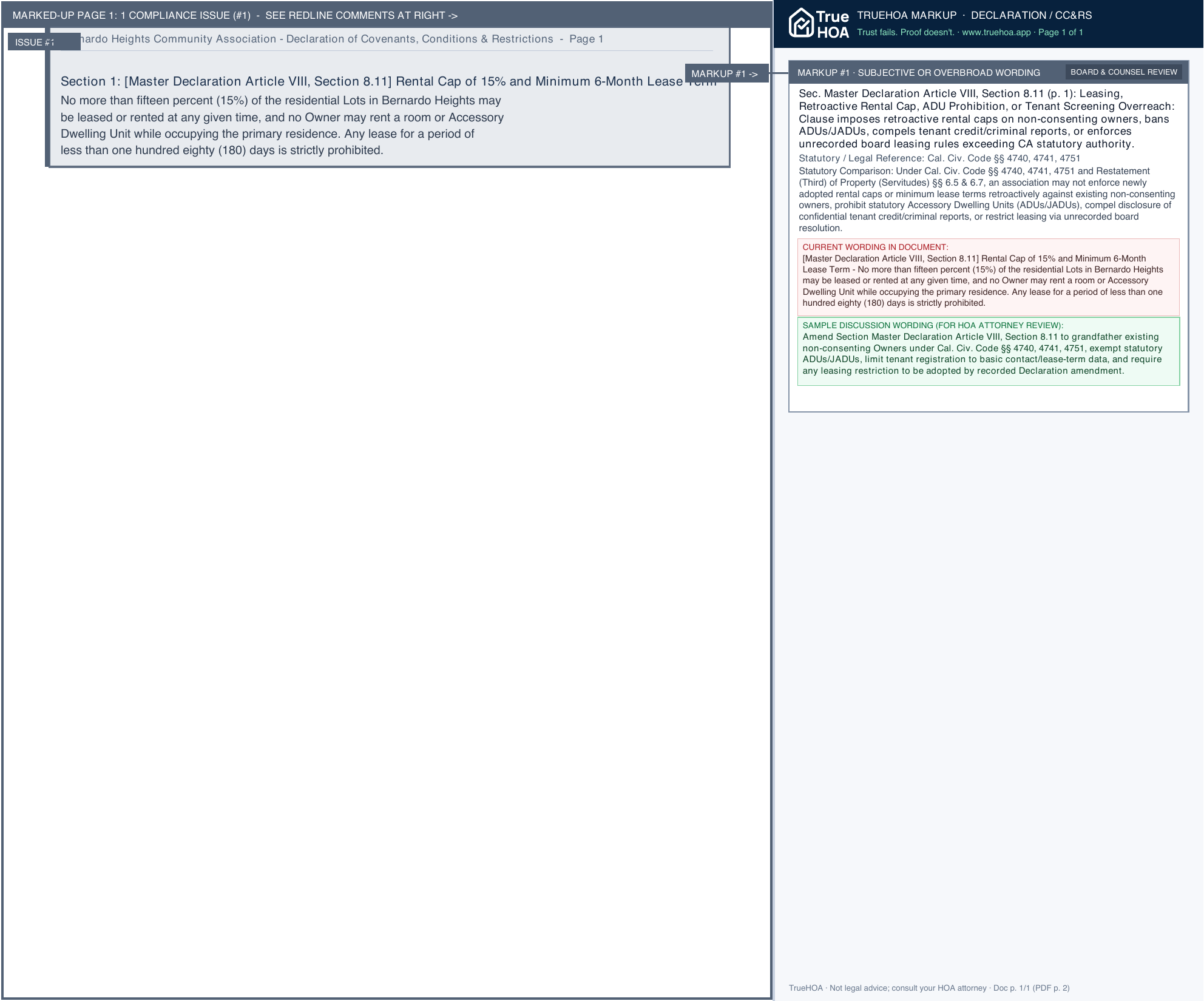Bernardo Heights Community Association Declaration of Covenants, Conditions & Restrictions page 1 widened with TrueHOA Crystal AI margin annotations