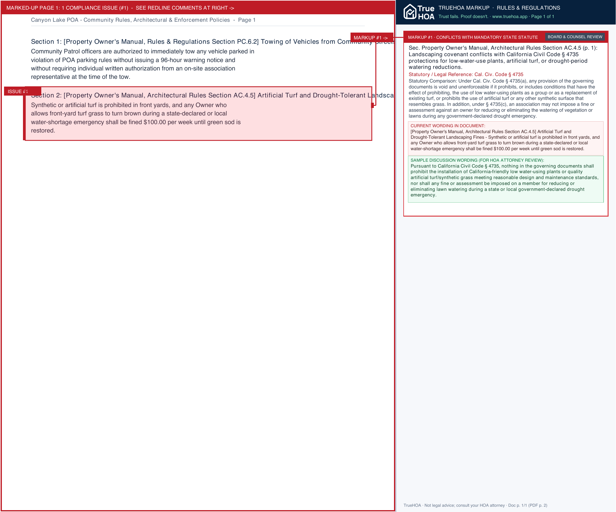 Canyon Lake POA Community Rules, Architectural & Enforcement Policies page 1 widened with TrueHOA Crystal AI margin annotations