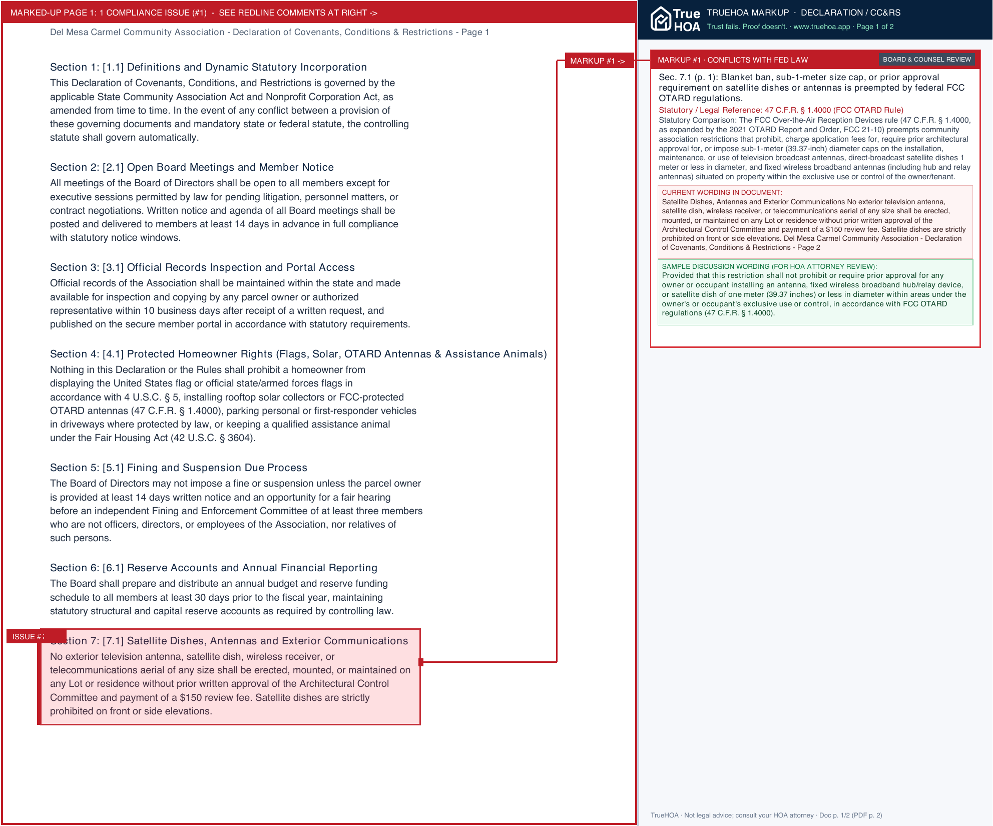 Del Mesa Carmel Community Association Declaration of Covenants, Conditions & Restrictions page 1 widened with TrueHOA Crystal AI margin annotations
