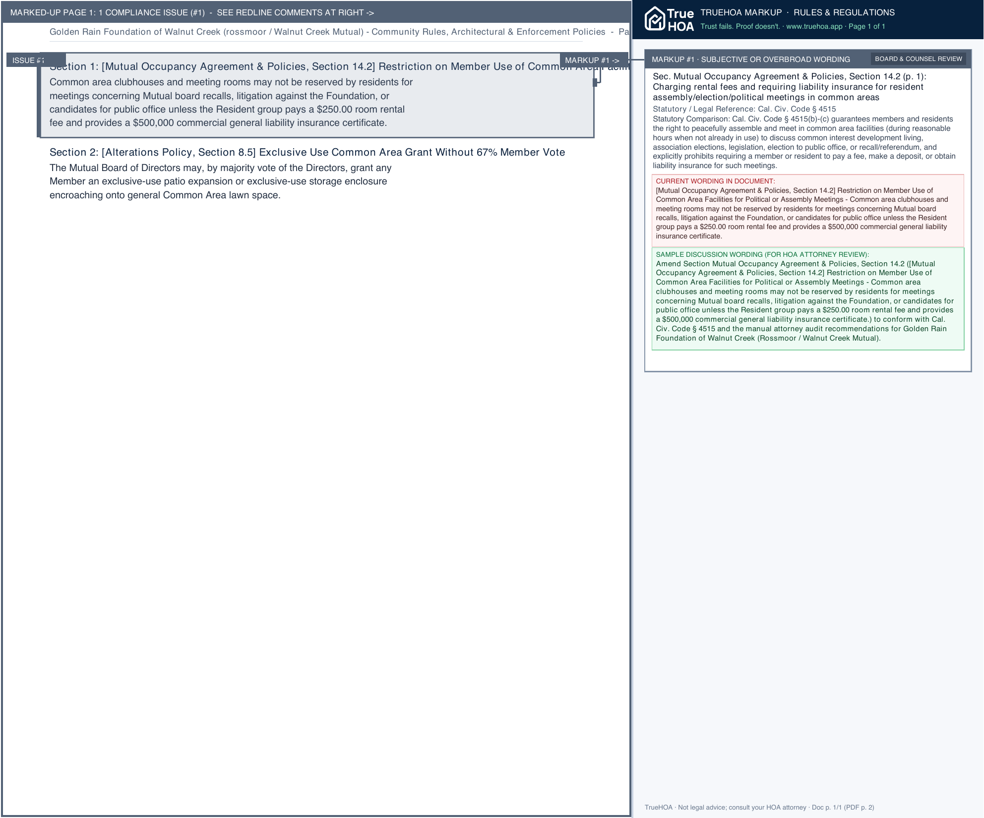 Golden Rain Foundation of Walnut Creek (rossmoor / Walnut Creek Mutual) Community Rules, Architectural & Enforcement Policies page 1 widened with TrueHOA Crystal AI margin annotations