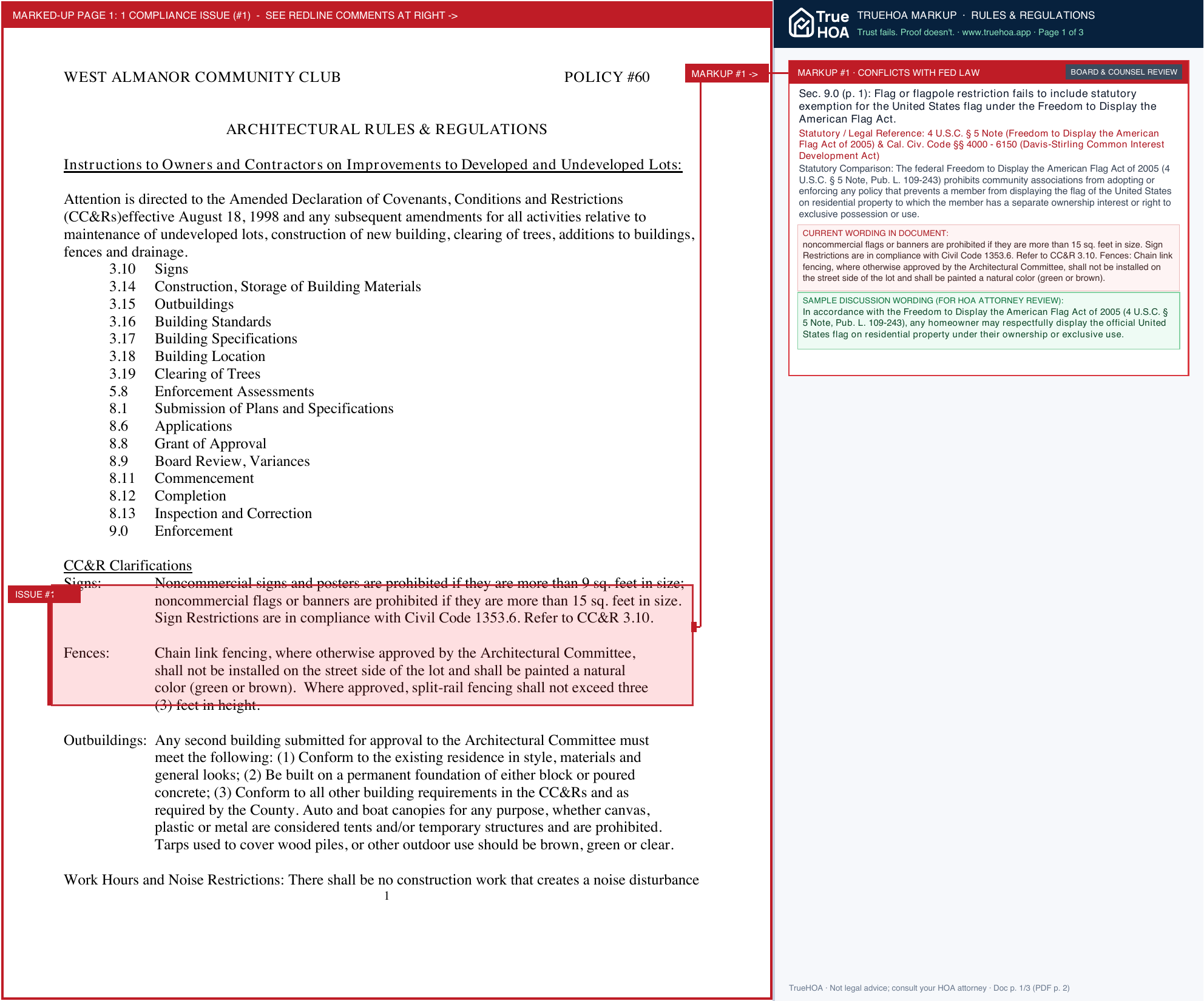 Lake Almanor West HOA Bd Pol 60 Arch Rules And Regulations page 1 widened with TrueHOA Crystal AI margin annotations