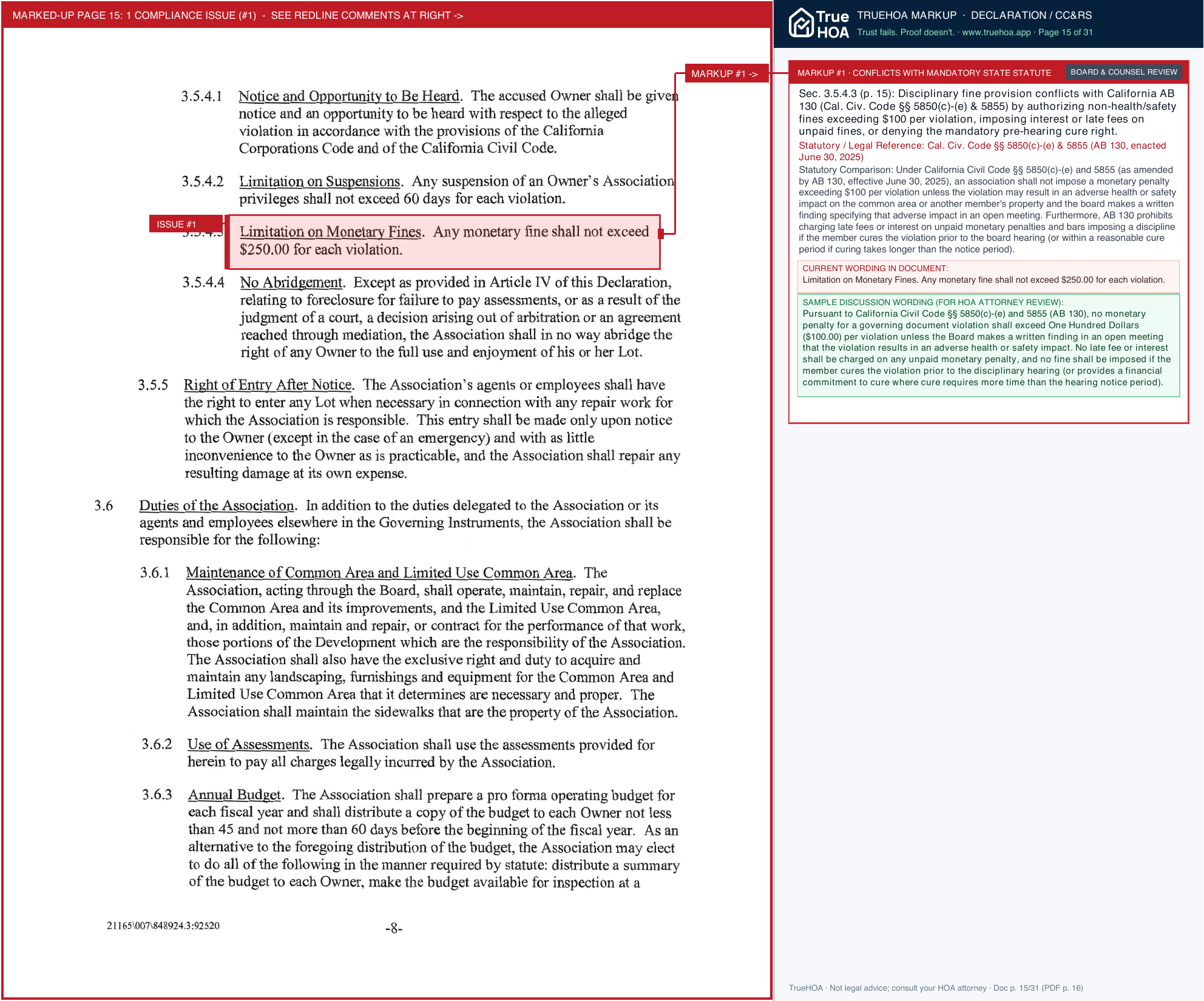 Oak Hills HOA Declaration of Covenants, Conditions & Restrictions page 15 widened with TrueHOA Crystal AI margin annotations
