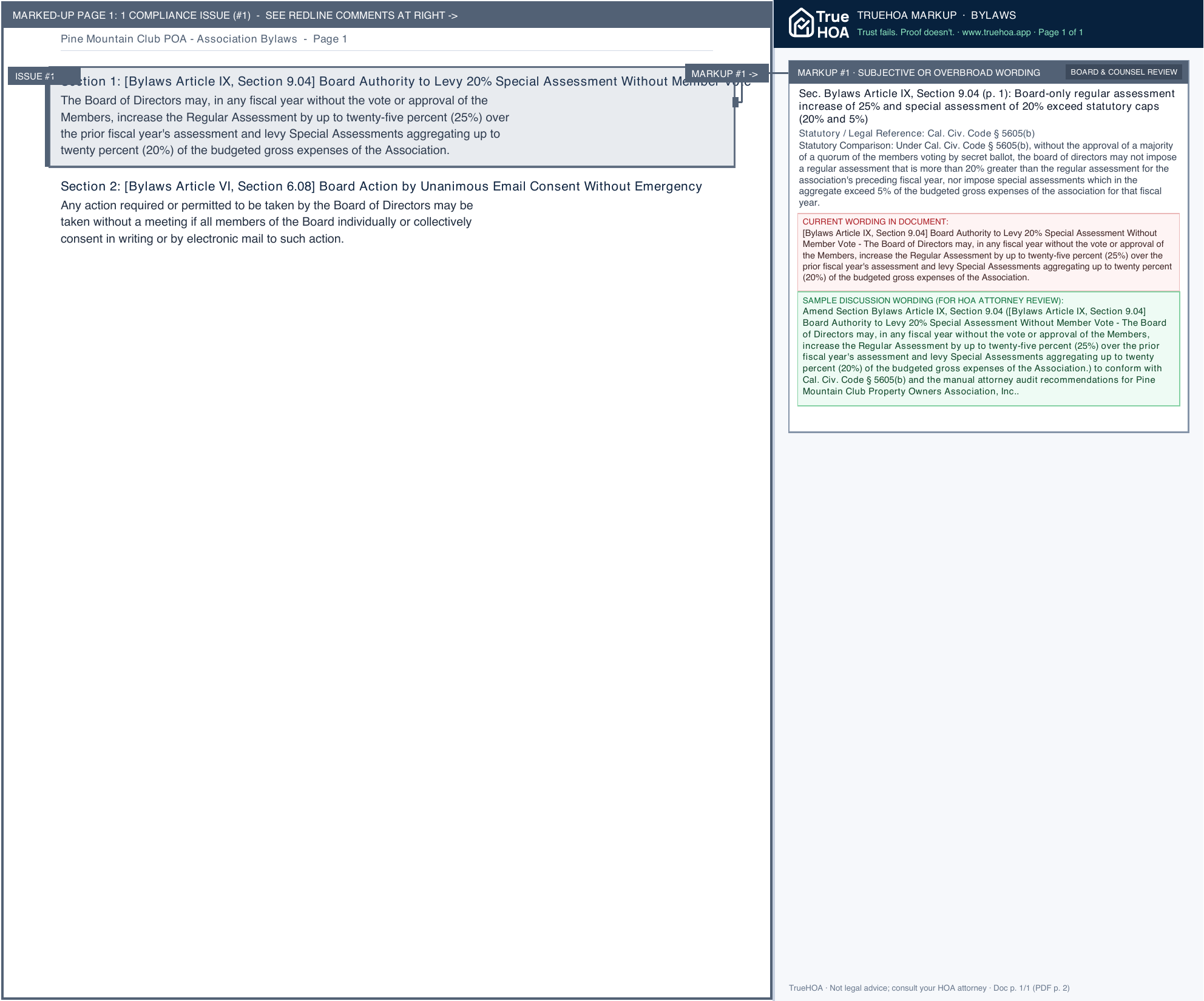 Pine Mountain Club POA Association Bylaws page 1 widened with TrueHOA Crystal AI margin annotations