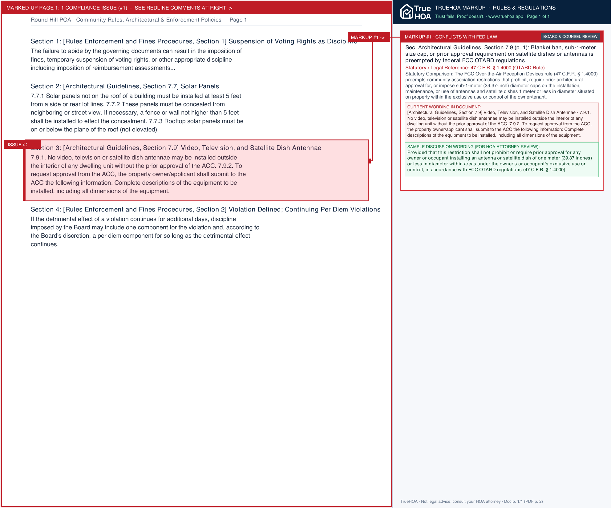 Round Hill POA Community Rules, Architectural & Enforcement Policies page 1 widened with TrueHOA Crystal AI margin annotations