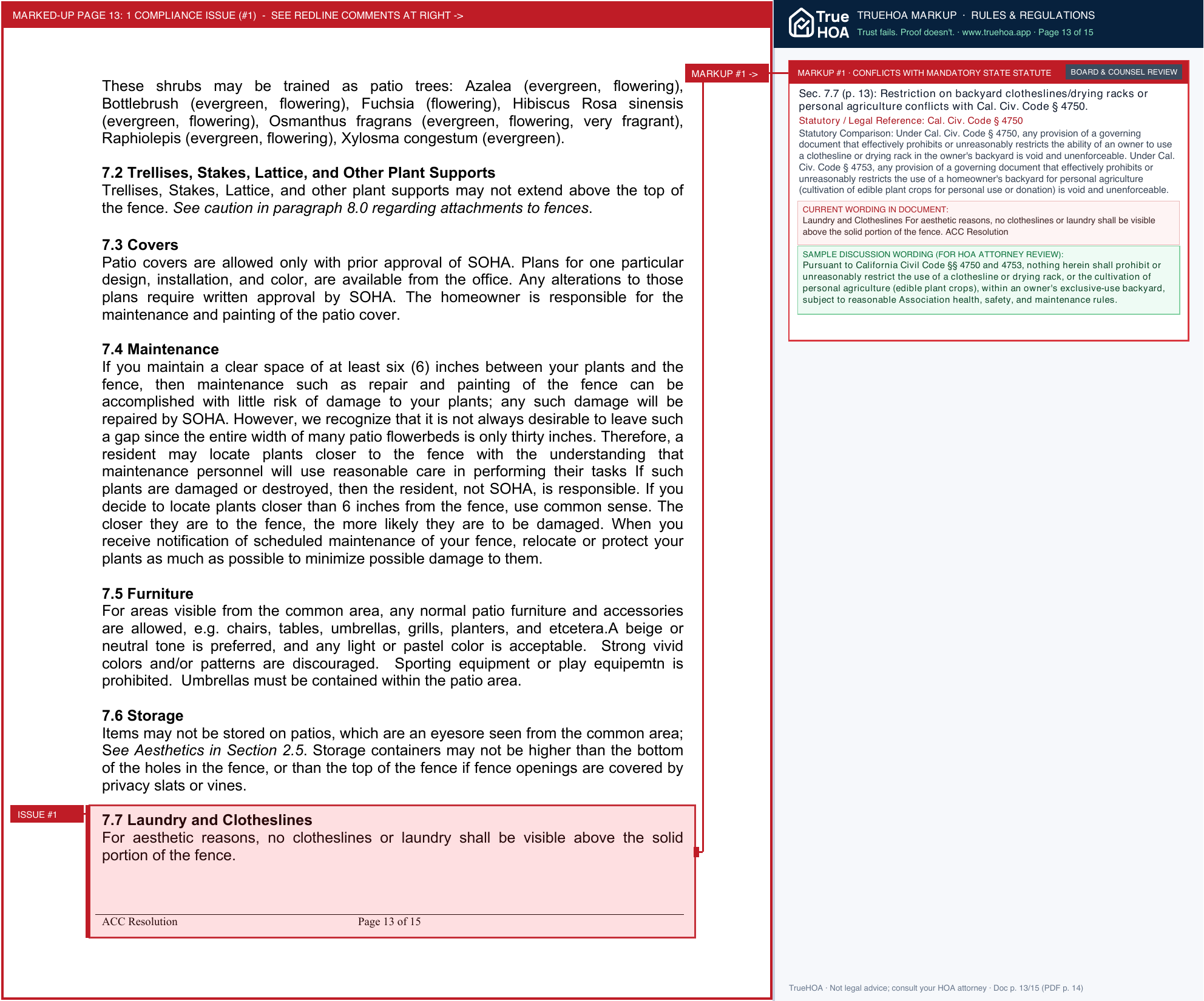 Sunset Oaks HOA Resolution 27 page 13 widened with TrueHOA Crystal AI margin annotations