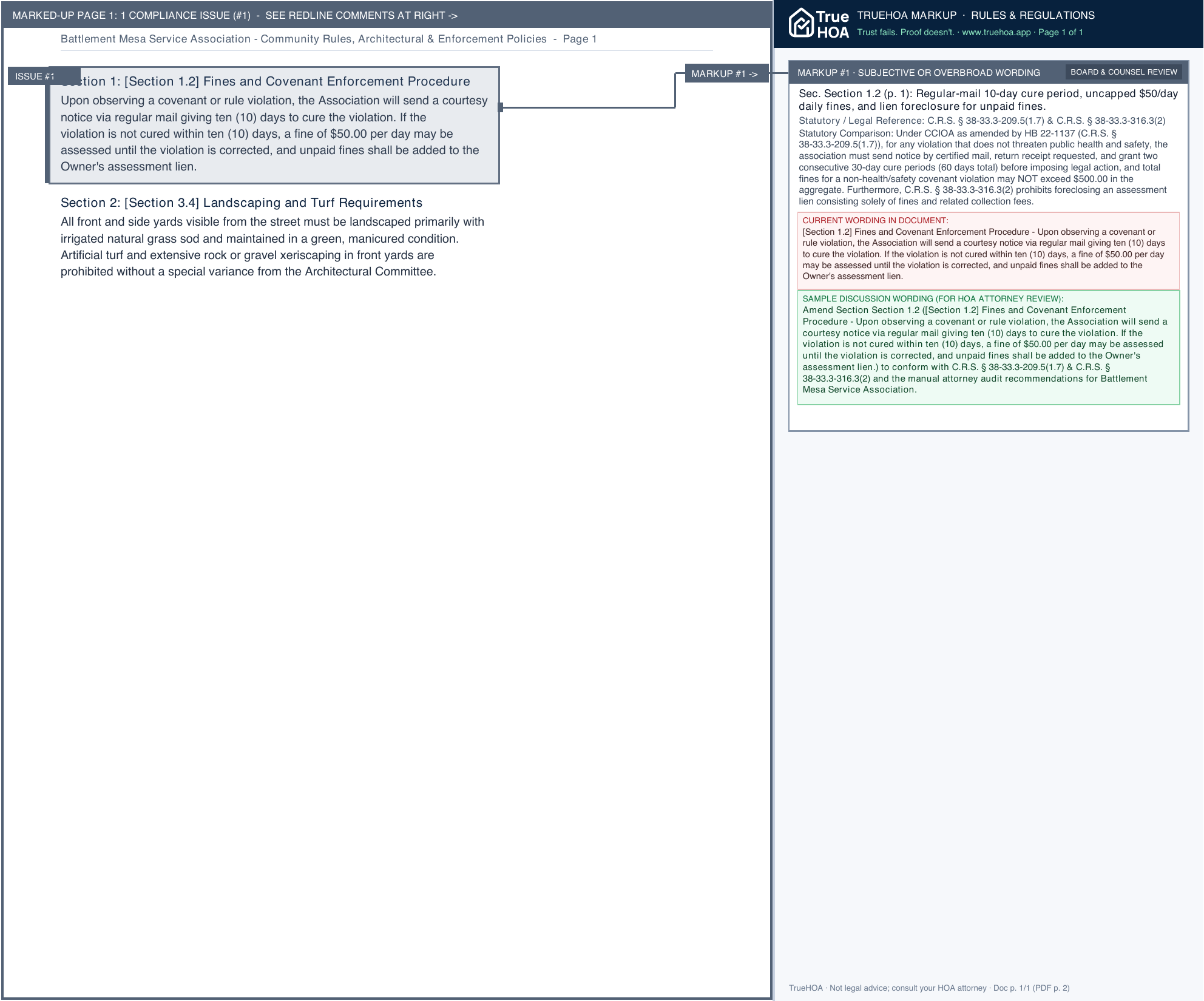 Battlement Mesa Service Association Community Rules, Architectural & Enforcement Policies page 1 widened with TrueHOA Crystal AI margin annotations