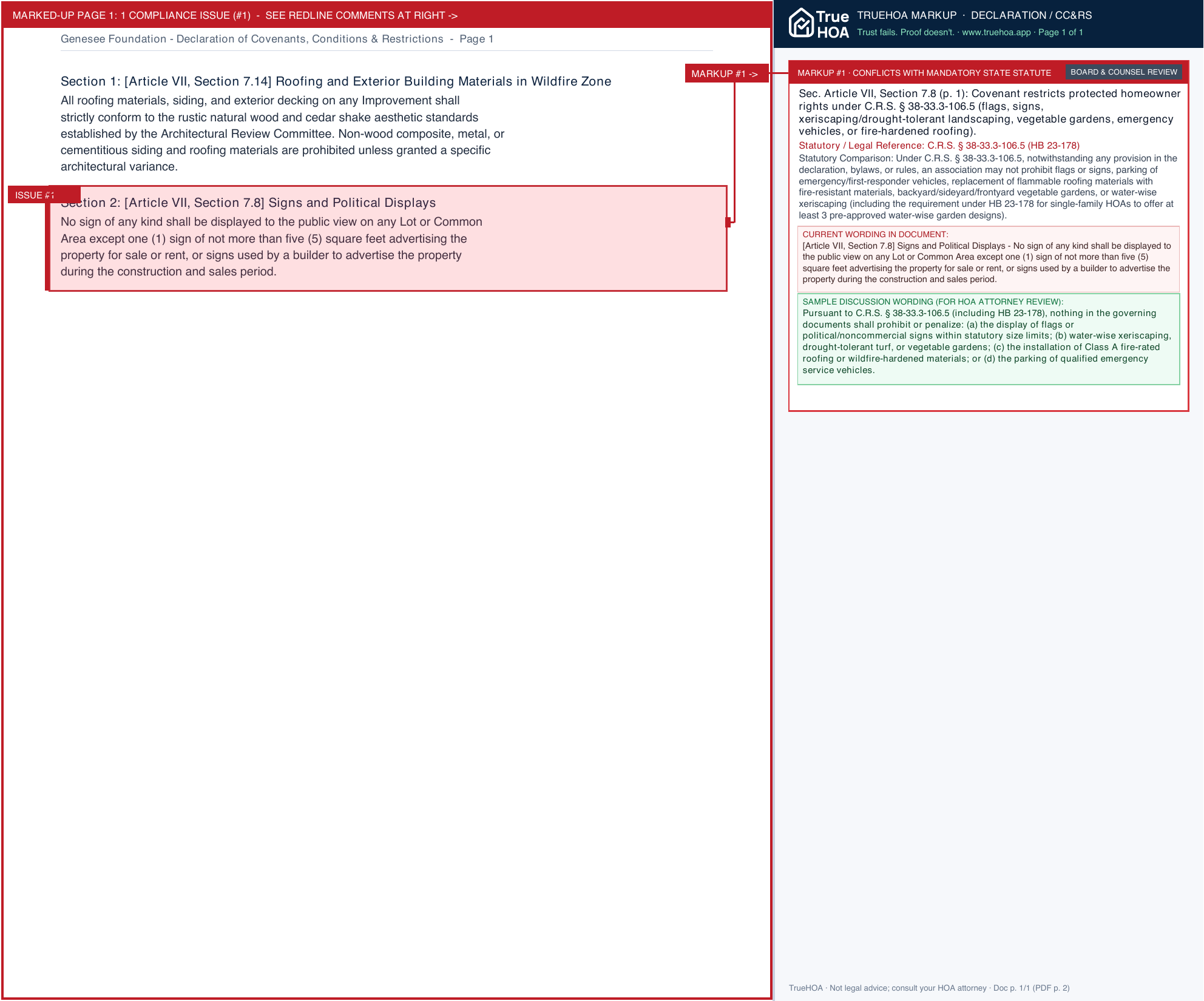 Genesee Foundation Declaration of Covenants, Conditions & Restrictions page 1 widened with TrueHOA Crystal AI margin annotations