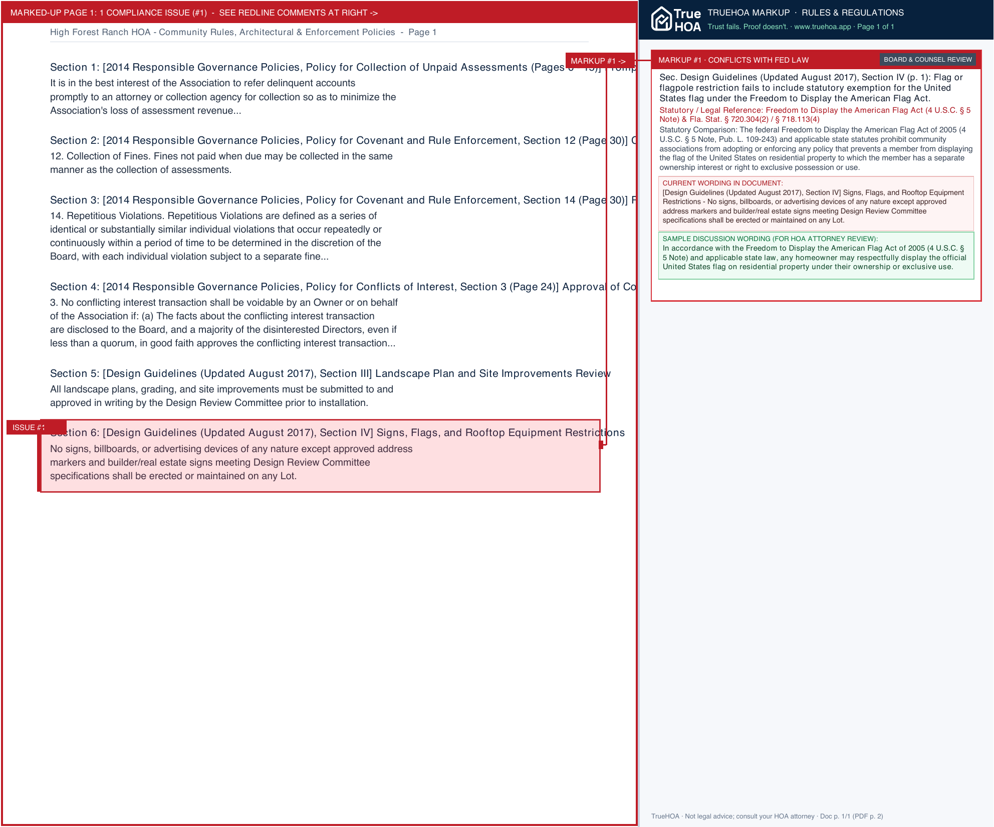 High Forest Ranch HOA Community Rules, Architectural & Enforcement Policies page 1 widened with TrueHOA Crystal AI margin annotations