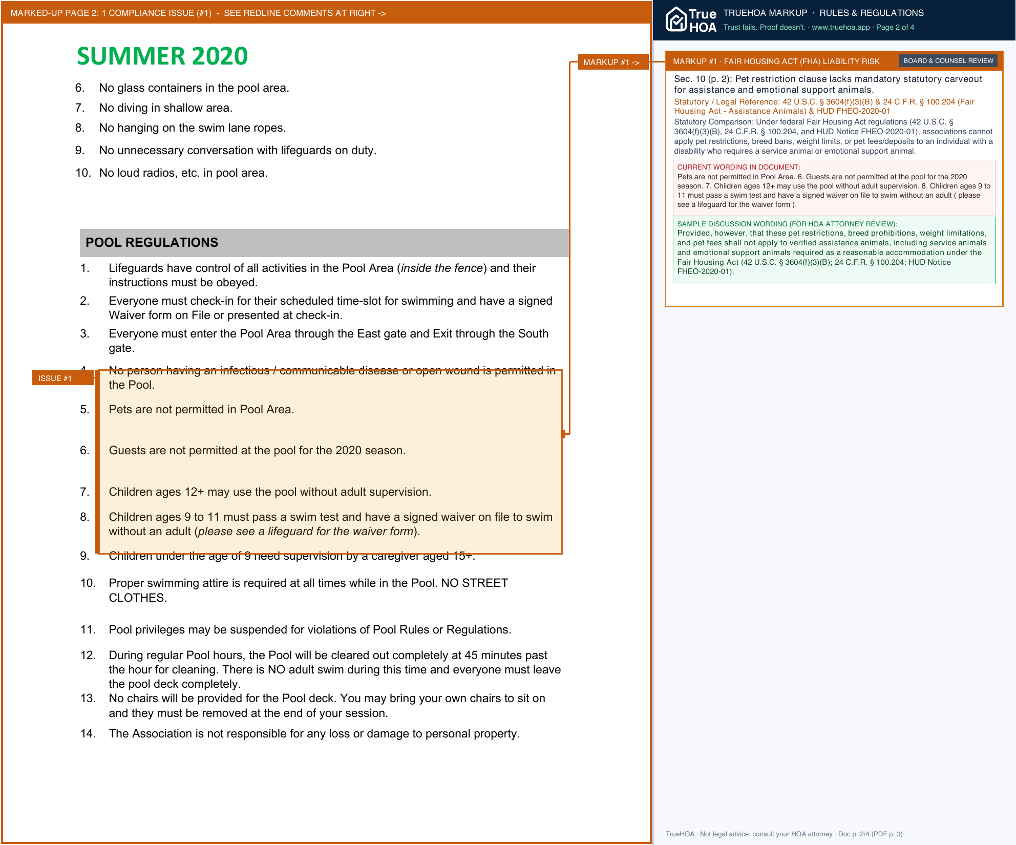 Homestead Farm HOA Pool Information page 2 widened with TrueHOA Crystal AI margin annotations