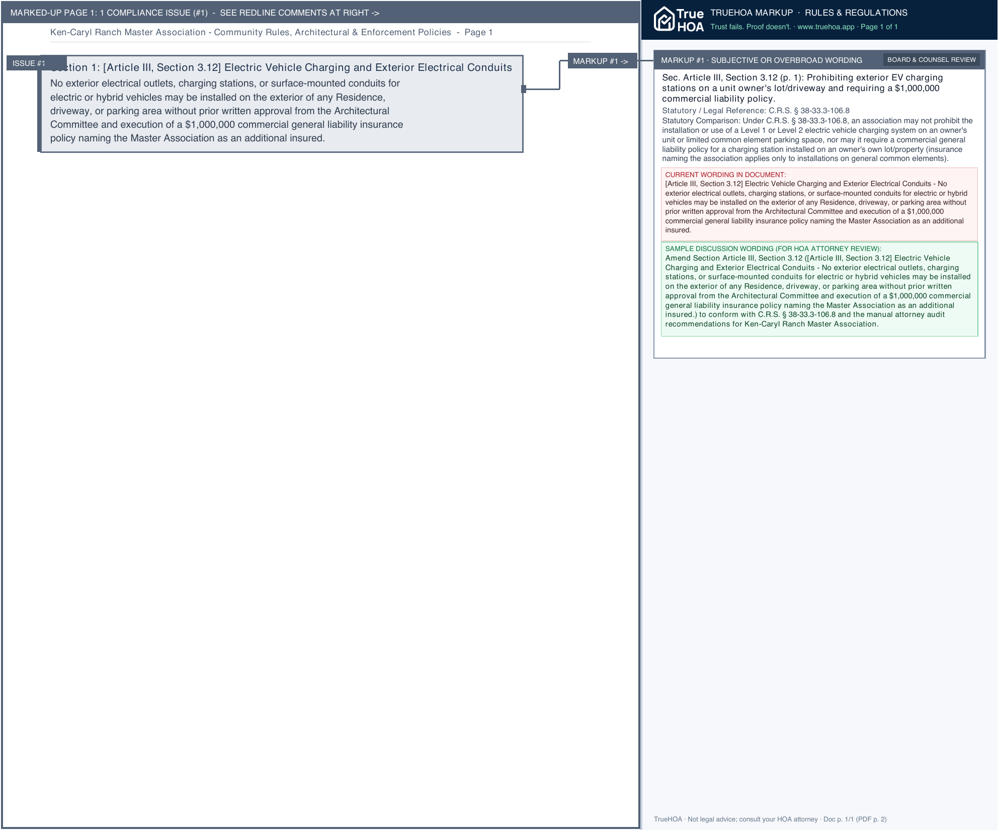Ken-Caryl Ranch Master Association Community Rules, Architectural & Enforcement Policies page 1 widened with TrueHOA Crystal AI margin annotations