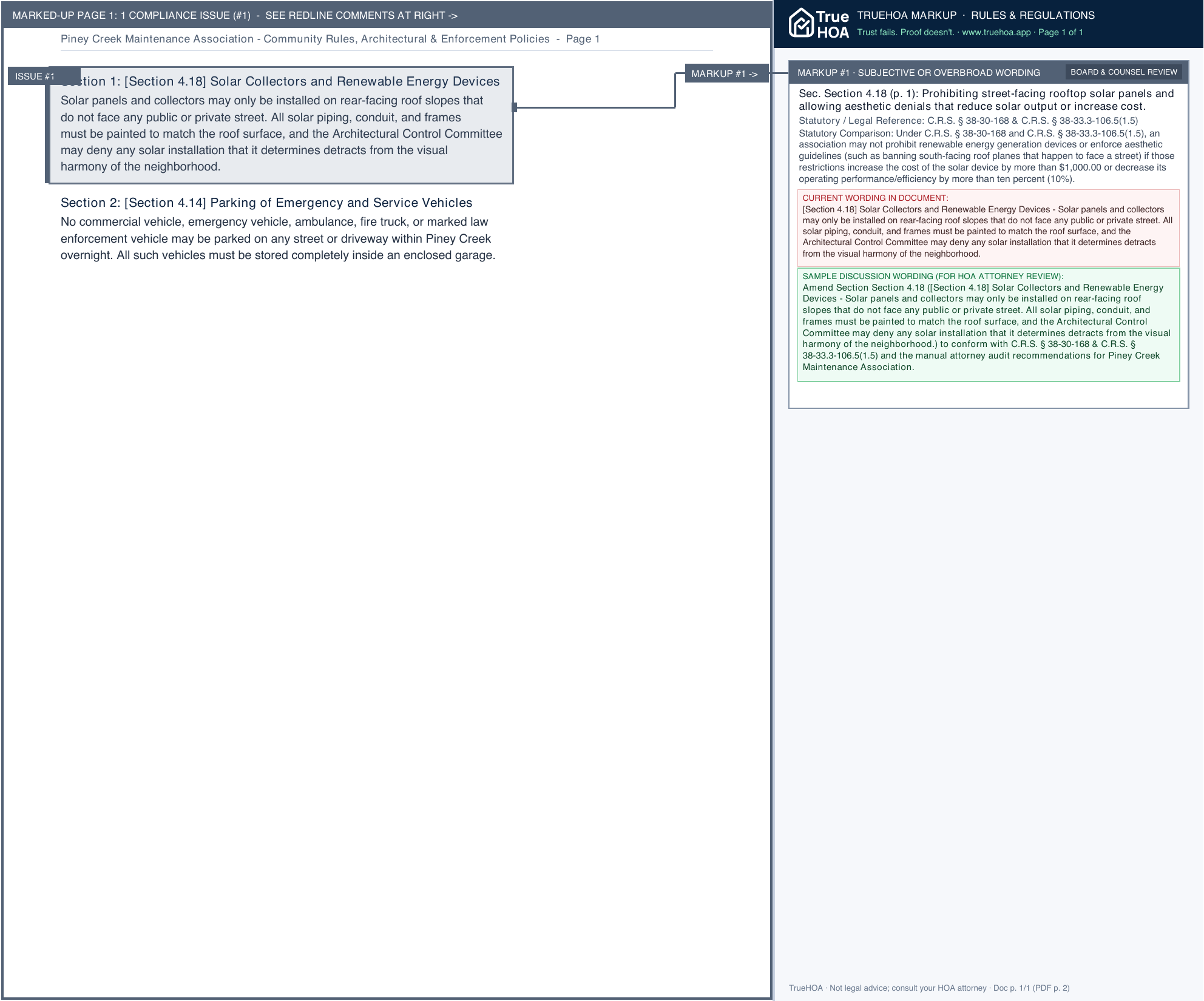 Piney Creek Maintenance Association Community Rules, Architectural & Enforcement Policies page 1 widened with TrueHOA Crystal AI margin annotations