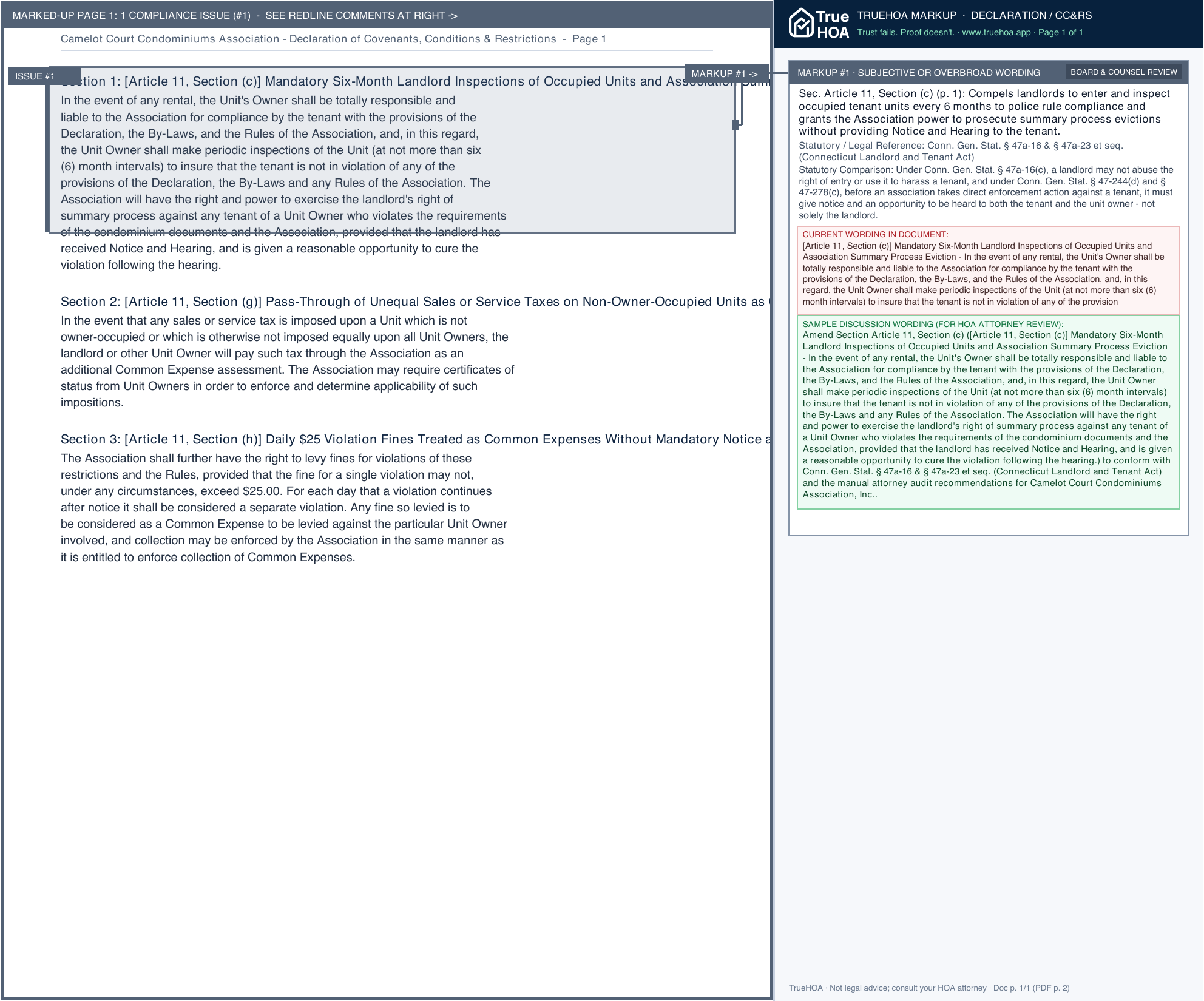 Camelot Court Condominiums Association Declaration of Covenants, Conditions & Restrictions page 1 widened with TrueHOA Crystal AI margin annotations
