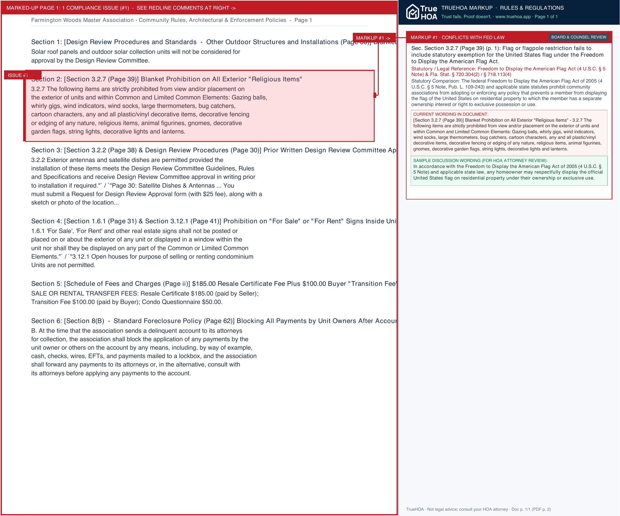 Farmington Woods Master Association Community Rules, Architectural & Enforcement Policies page 1 widened with TrueHOA Crystal AI margin annotations