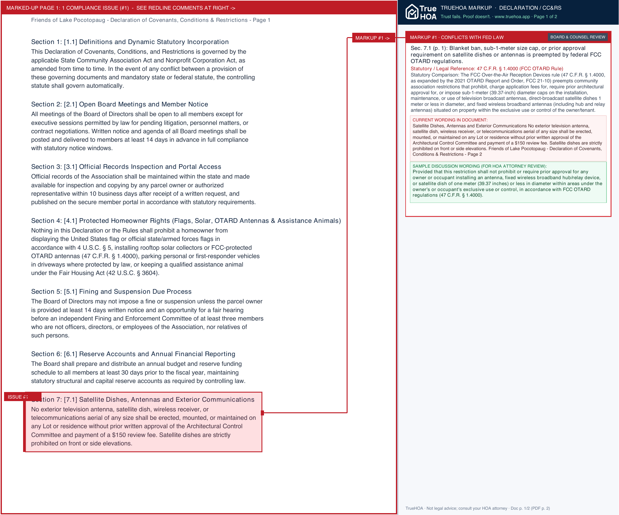 Friends of Lake Pocotopaug Declaration of Covenants, Conditions & Restrictions page 1 widened with TrueHOA Crystal AI margin annotations