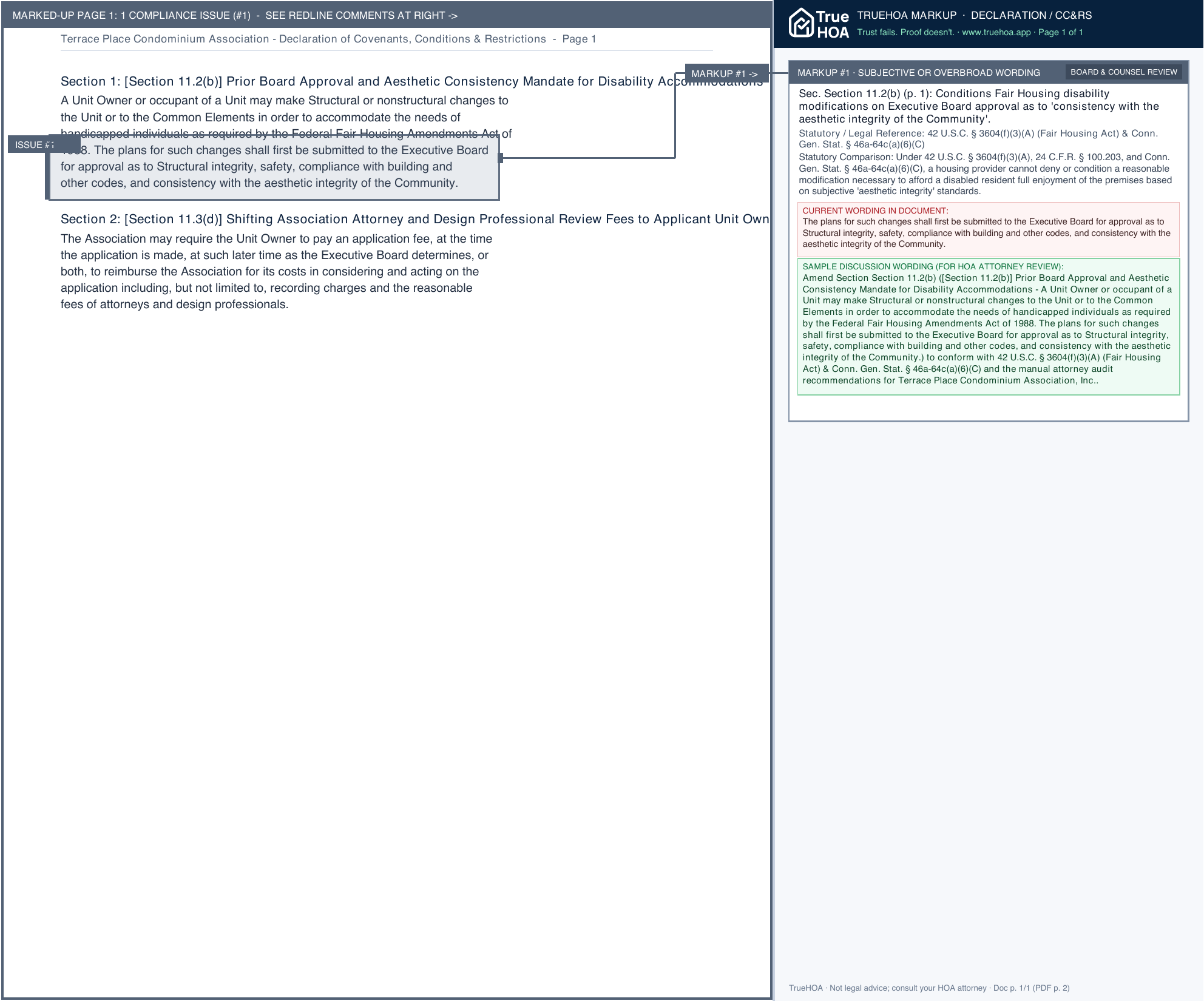 Terrace Place Condominium Association Declaration of Covenants, Conditions & Restrictions page 1 widened with TrueHOA Crystal AI margin annotations