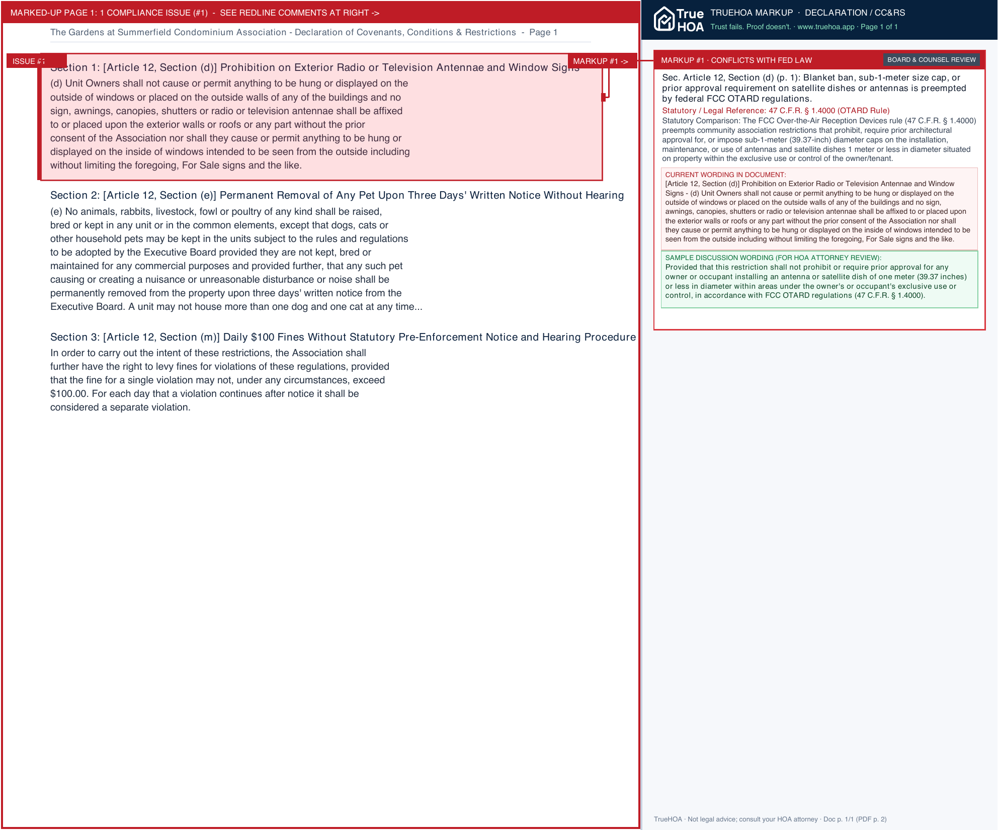 The Gardens at Summerfield Condominium Association Declaration of Covenants, Conditions & Restrictions page 1 widened with TrueHOA Crystal AI margin annotations
