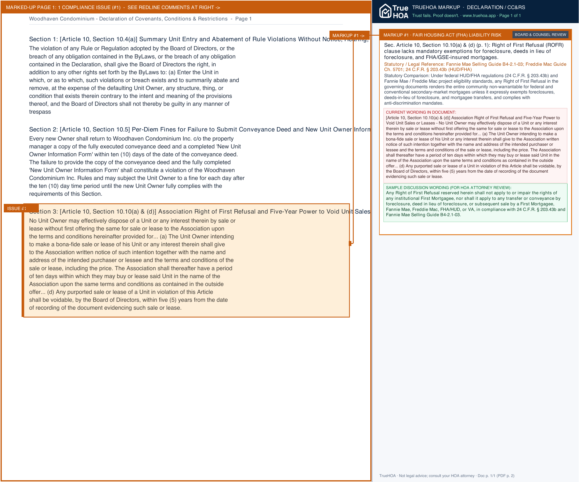 Woodhaven Condominium Declaration of Covenants, Conditions & Restrictions page 1 widened with TrueHOA Crystal AI margin annotations