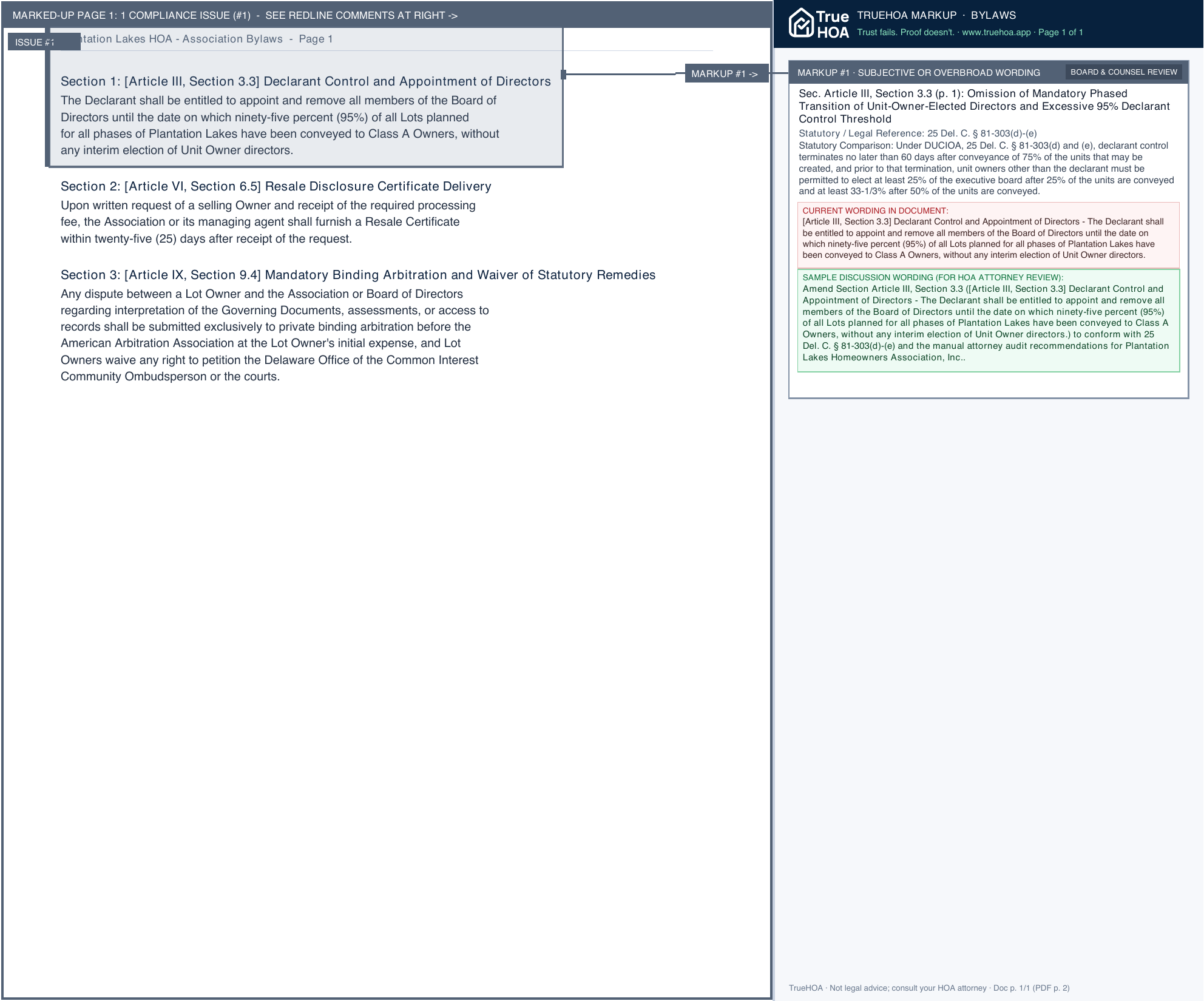 Plantation Lakes HOA Association Bylaws page 1 widened with TrueHOA Crystal AI margin annotations
