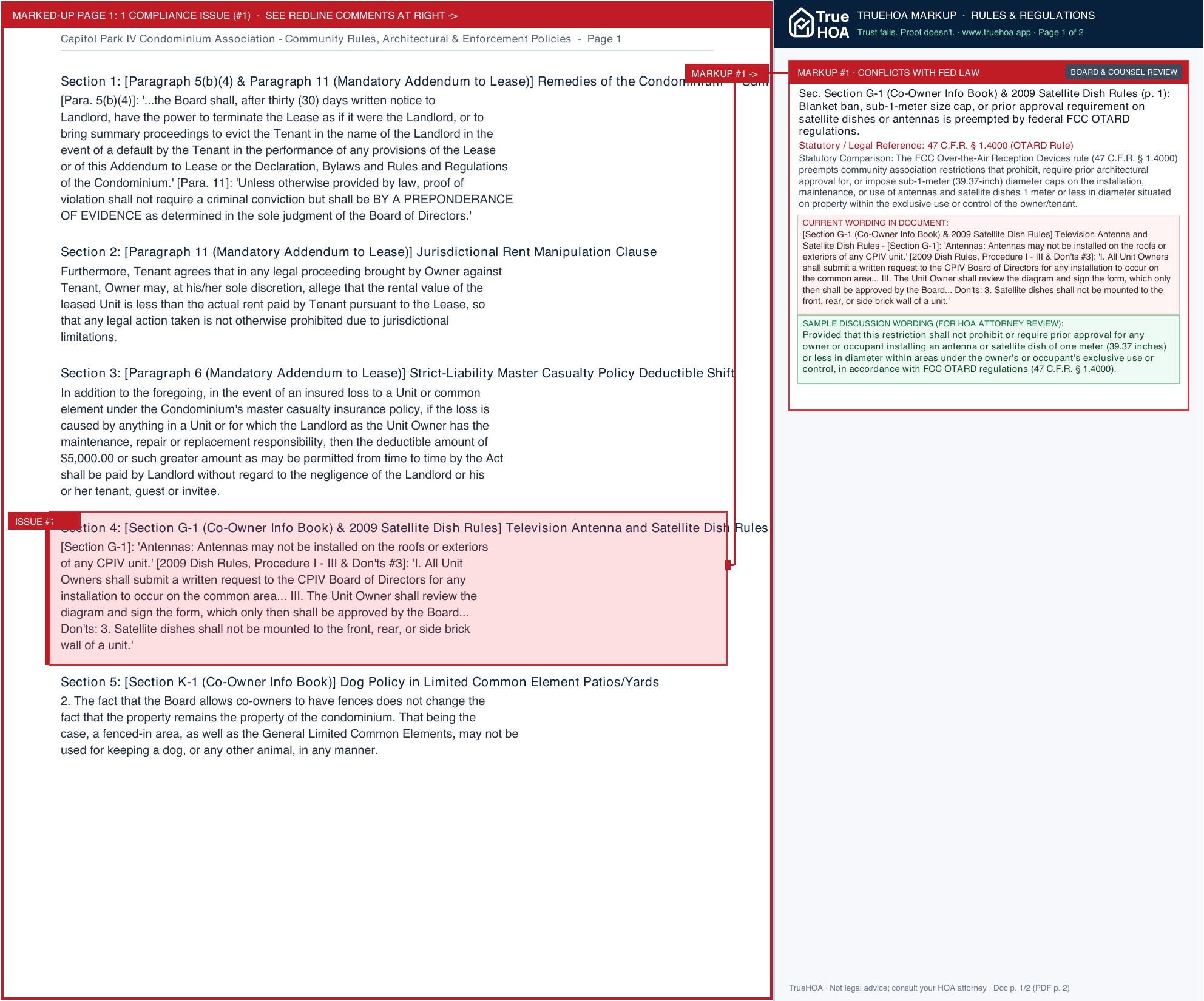 Capitol Park IV Condominium Association Community Rules, Architectural & Enforcement Policies page 1 widened with TrueHOA Crystal AI margin annotations