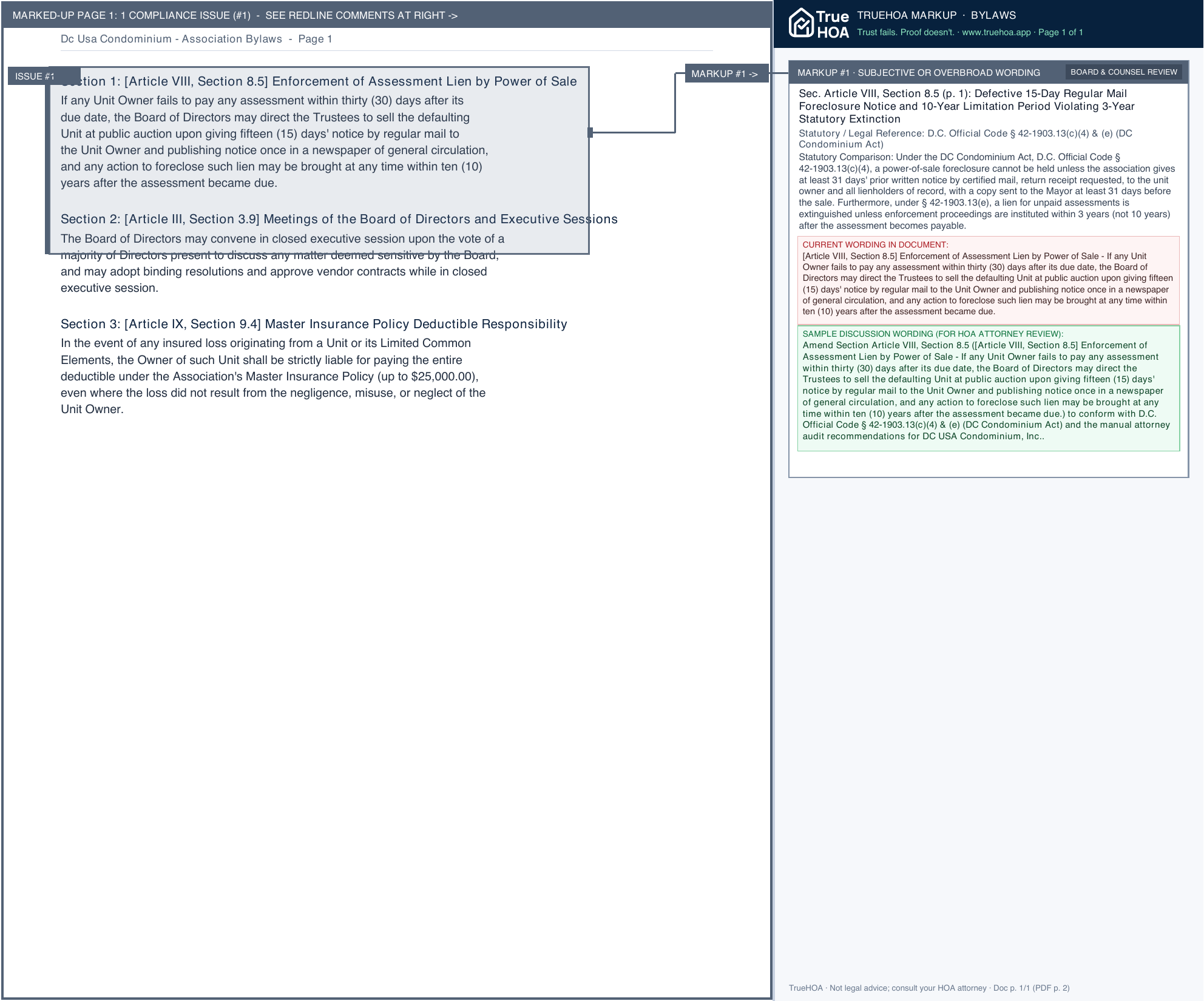 Dc Usa Condominium Association Bylaws page 1 widened with TrueHOA Crystal AI margin annotations