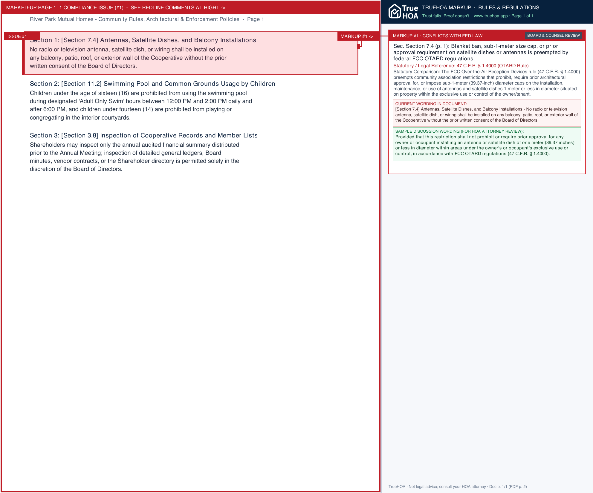 River Park Mutual Homes Community Rules, Architectural & Enforcement Policies page 1 widened with TrueHOA Crystal AI margin annotations