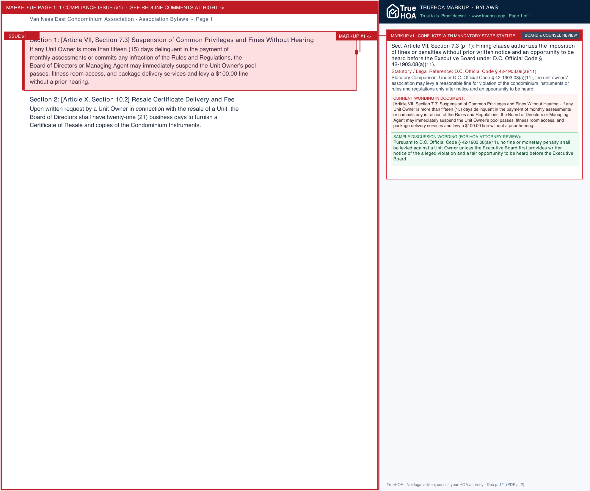 Van Ness East Condominium Association Association Bylaws page 1 widened with TrueHOA Crystal AI margin annotations