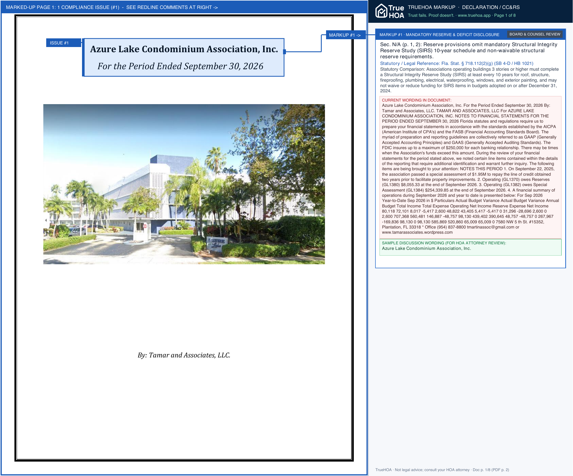 Azure Lake Condominium Association @ Azure Lake Finan Stmt 202609 Website page 1 widened with TrueHOA Crystal AI margin annotations