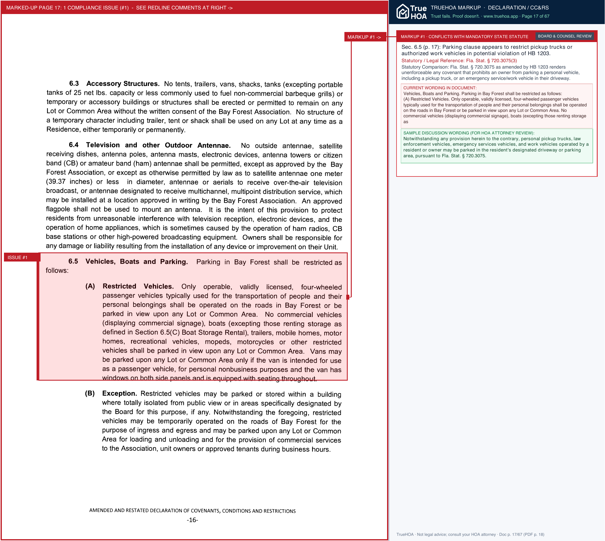 Bay Forest HOA Commons Four Covenants, Conditions, & Restrictions page 17 widened with TrueHOA Crystal AI margin annotations