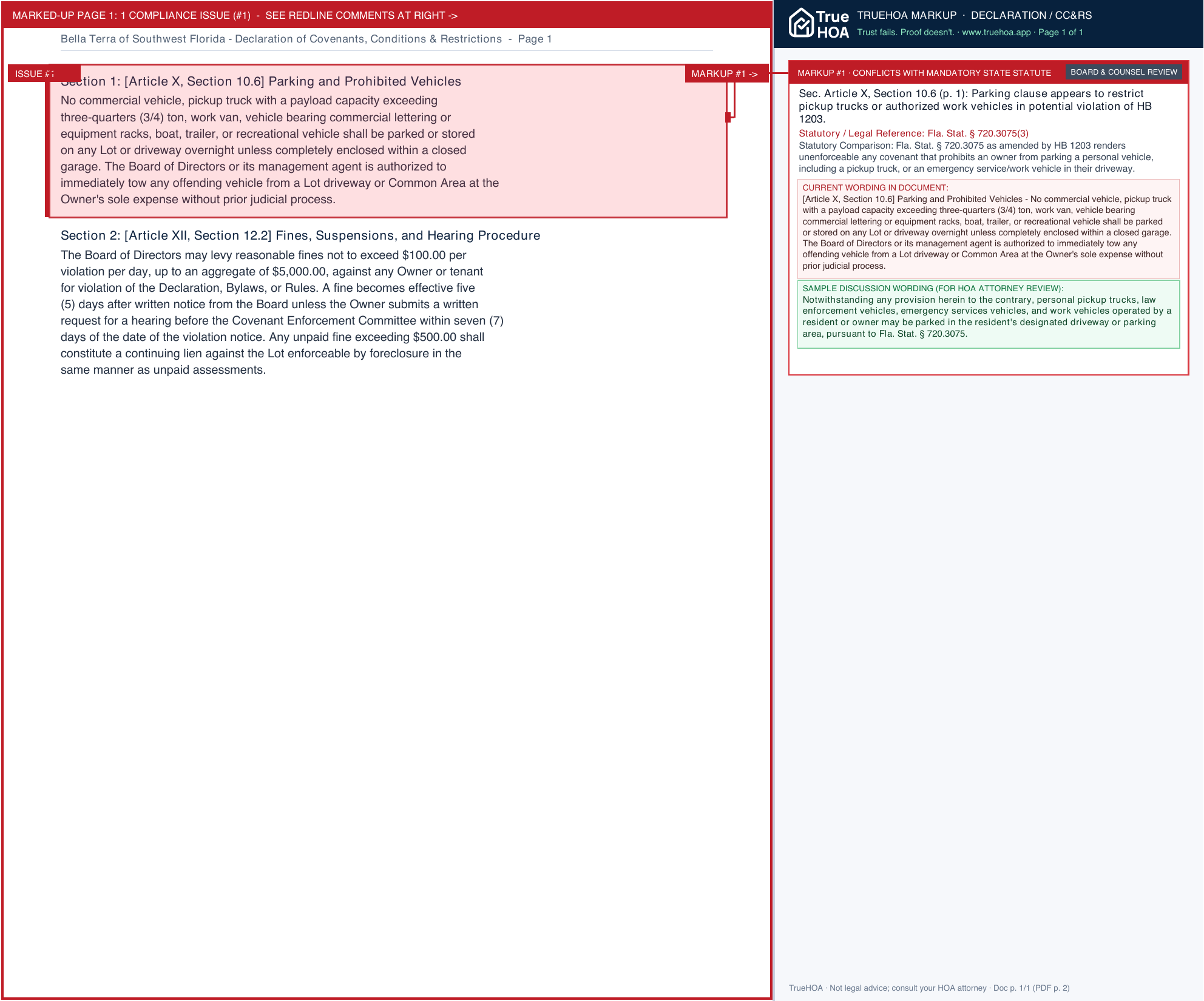 Bella Terra of Southwest Florida Declaration of Covenants, Conditions & Restrictions page 1 widened with TrueHOA Crystal AI margin annotations