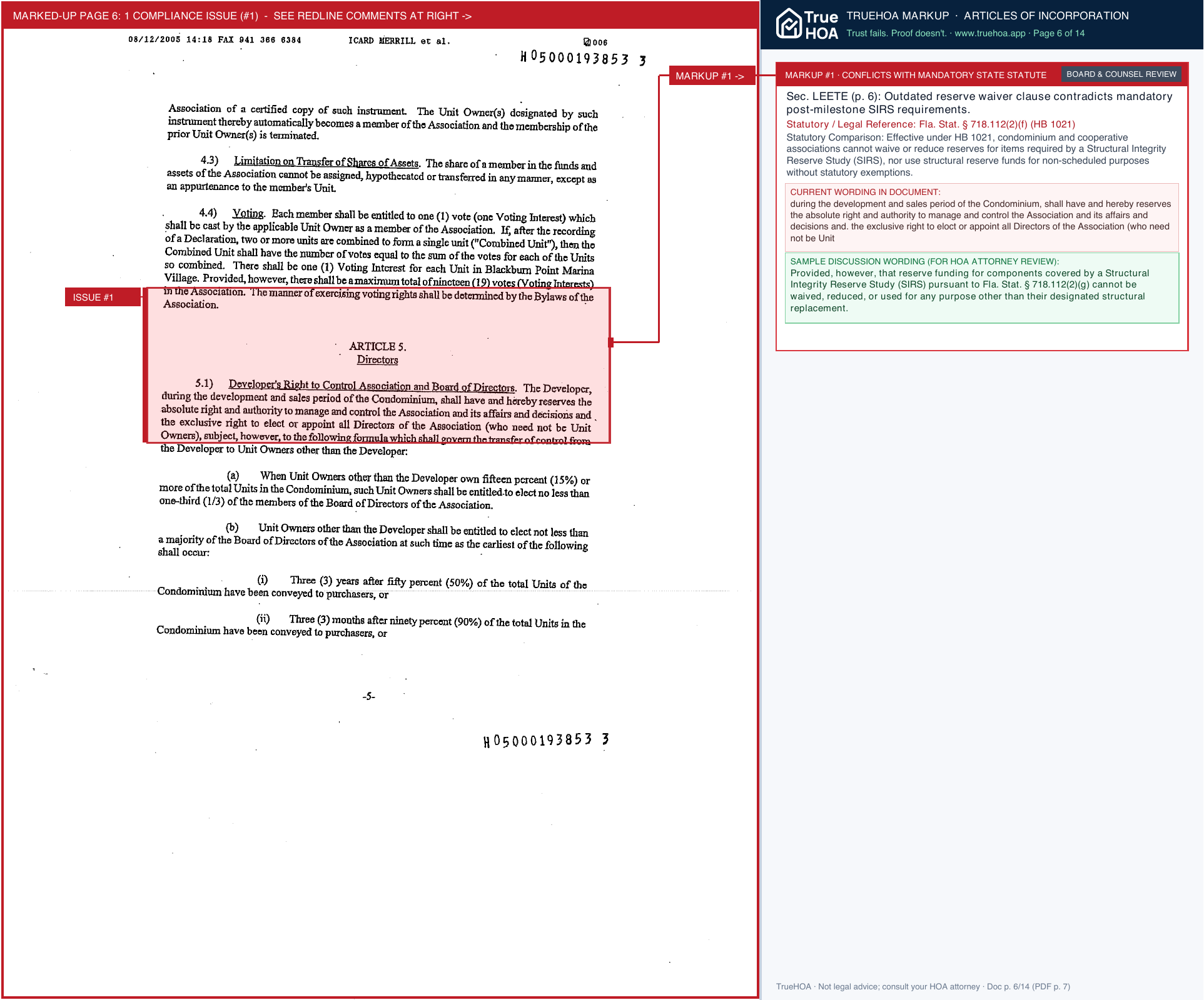 Blackburn Point Marina Village Condominium Association Blackburn Point Marina Village Articles of Incorporation page 6 widened with TrueHOA Crystal AI margin annotations