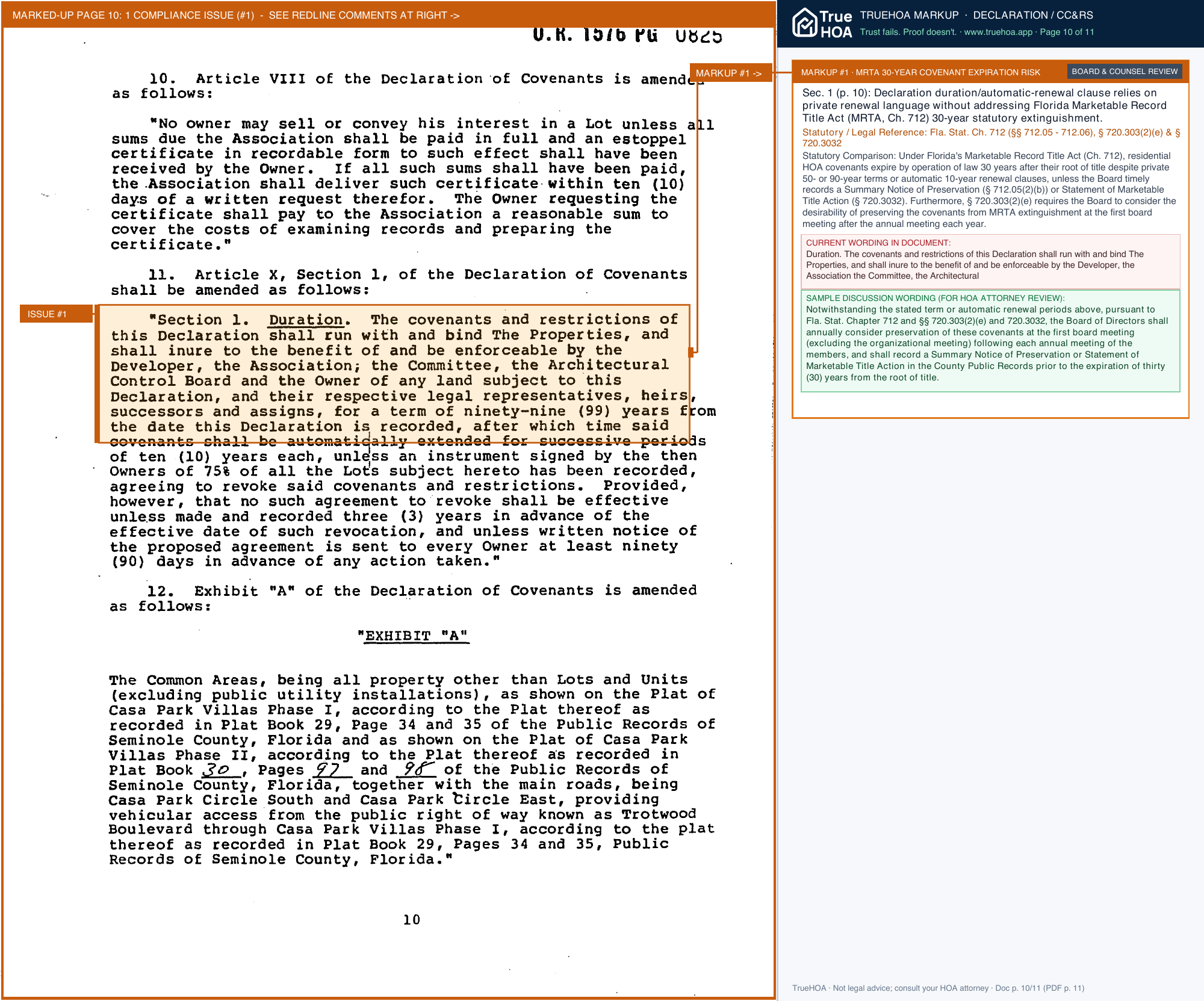 Casa Park Villas HOA CPV Second Amendment to Decl of Covenants and Restrictions for CPV and Second Amendment to the Master Decl of Covenants and Restrictions for CPV page 10 widened with TrueHOA Crystal AI margin annotations