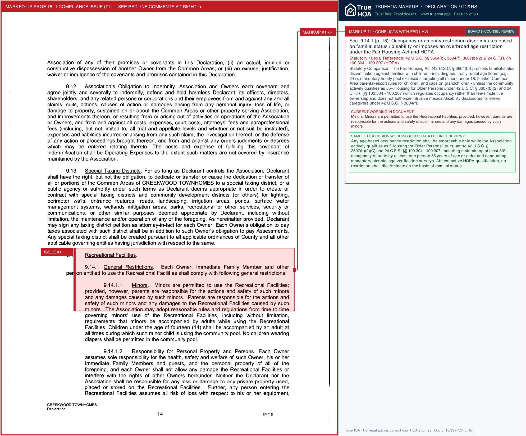 Creekwood Townhome Owners Association CRW Docs Declaration page 15 widened with TrueHOA Crystal AI margin annotations