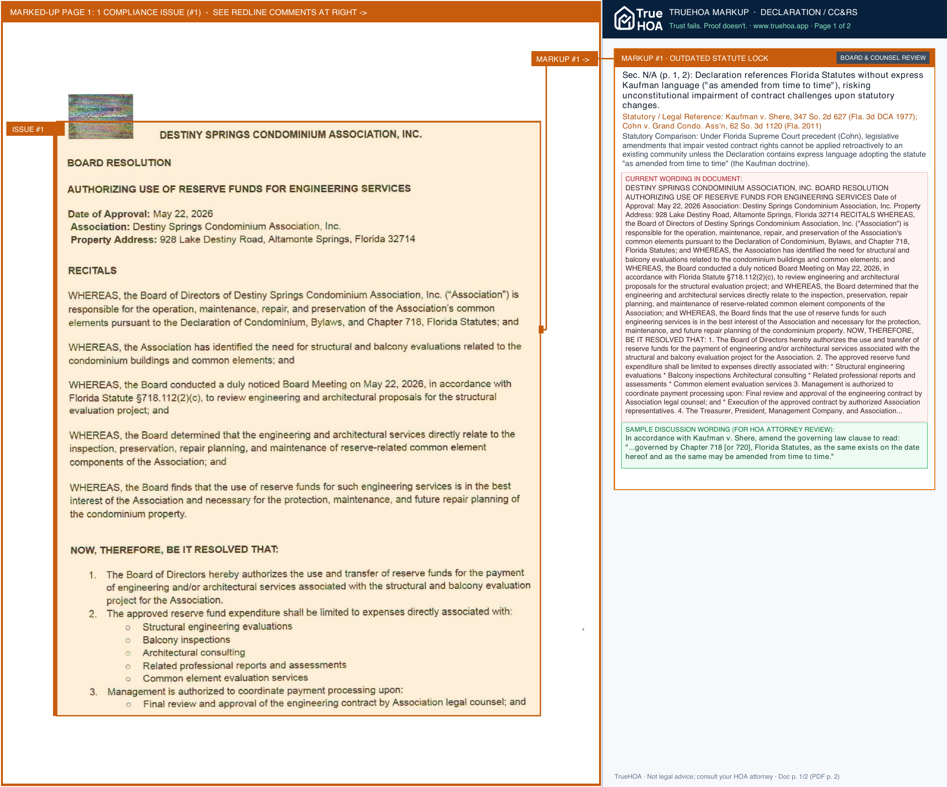 Destiny Springs Condominium Association Resolution Authorization for use reserve for engeneering services May 22,2026 page 1 widened with TrueHOA Crystal AI margin annotations