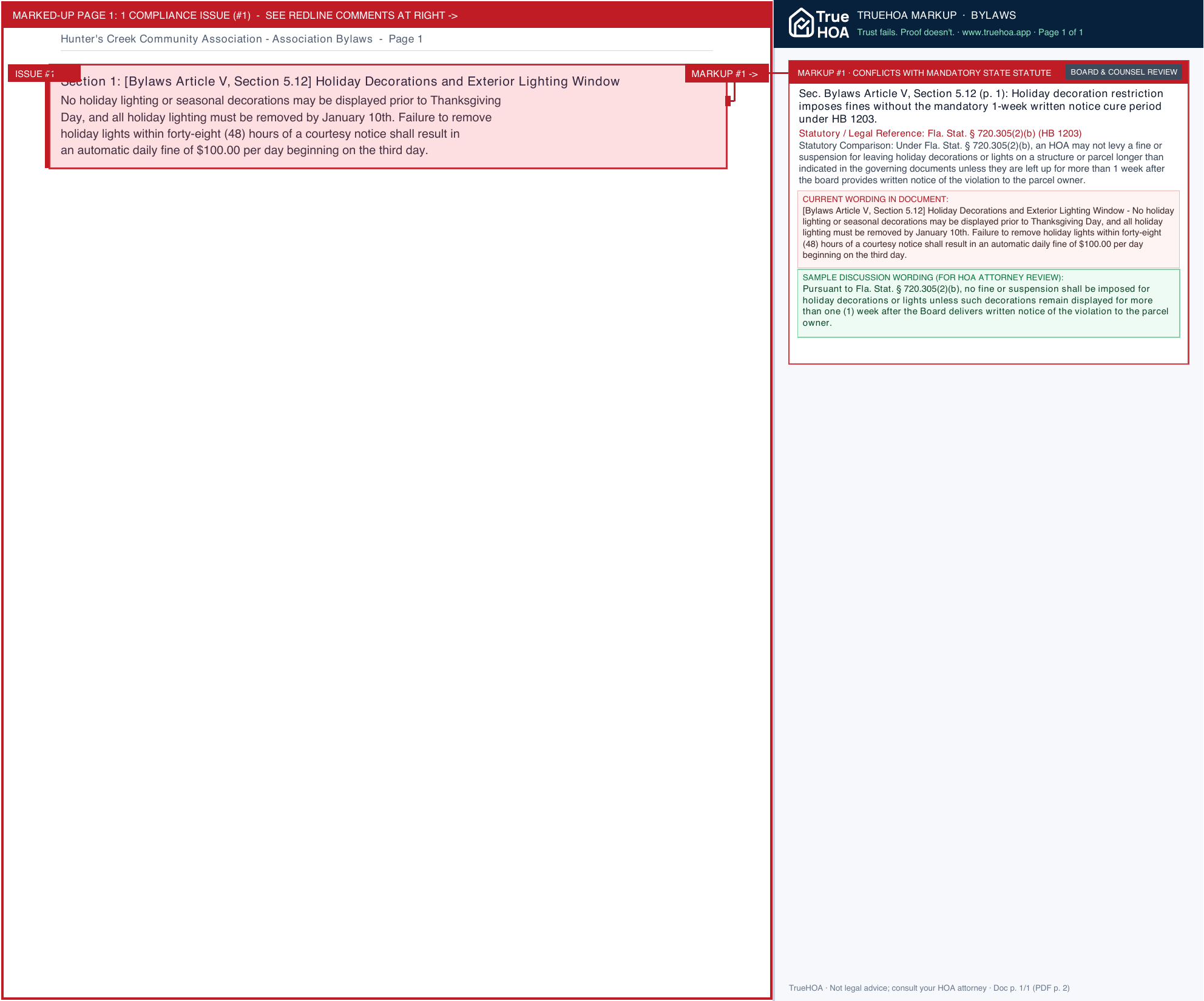 Hunter's Creek Community Association Association Bylaws page 1 widened with TrueHOA Crystal AI margin annotations
